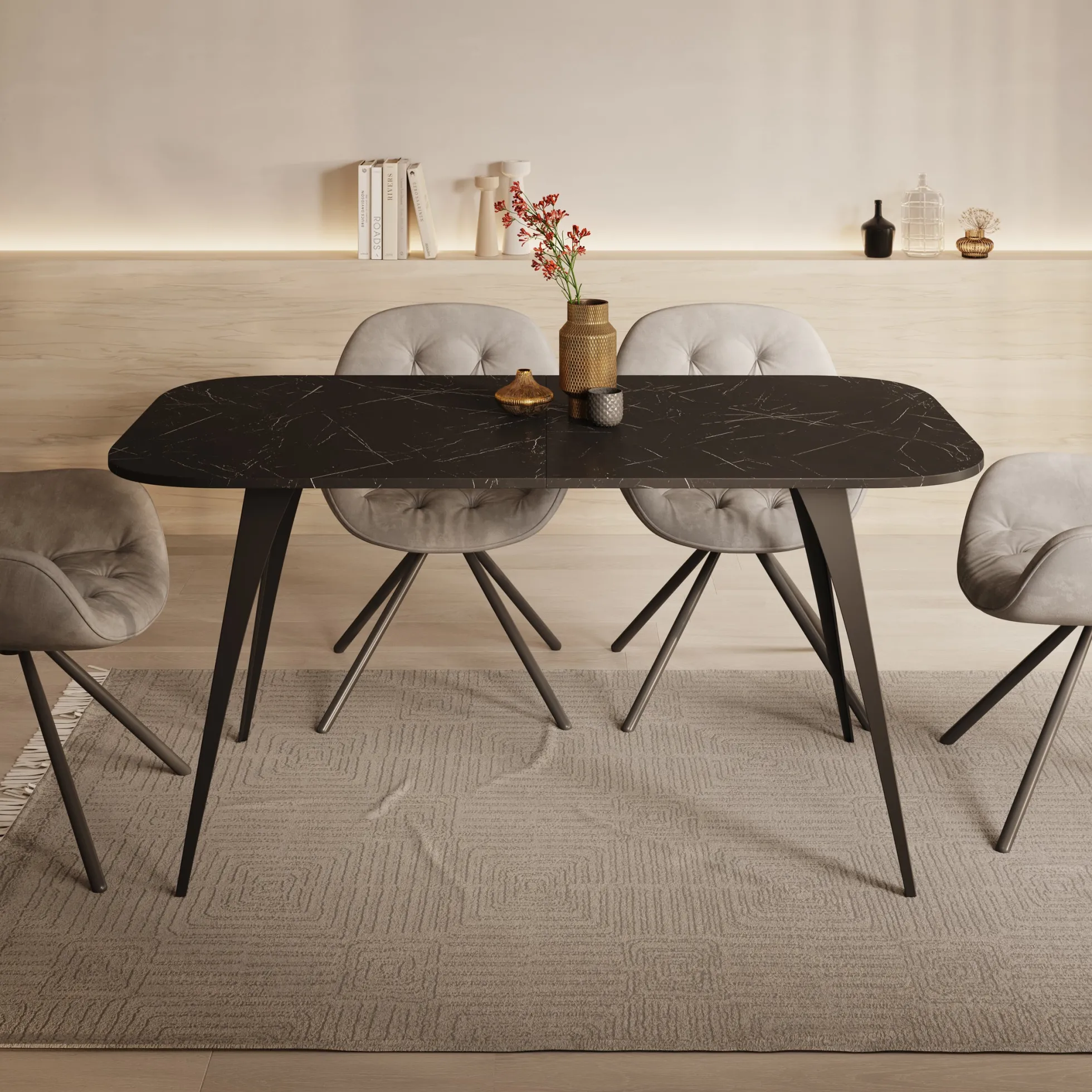 Flix - Eetkamertafel - Zwart marmerlook - Uitschuifbaar - 160x90x76 cm