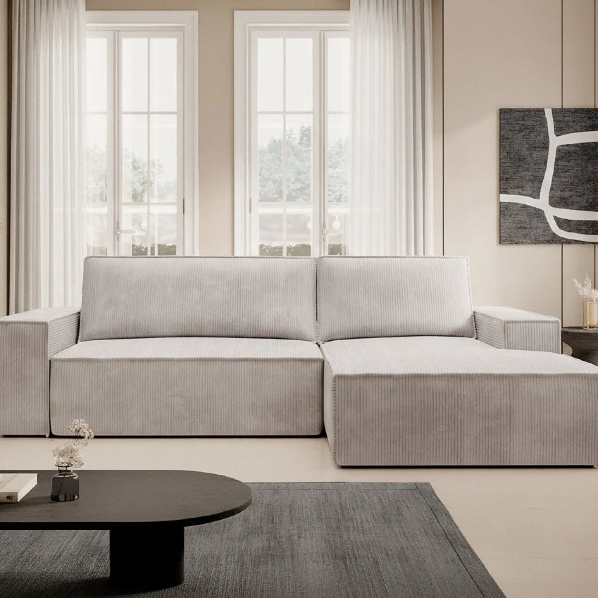Foster - Hoekbank - Beige Ribstof - Rechts