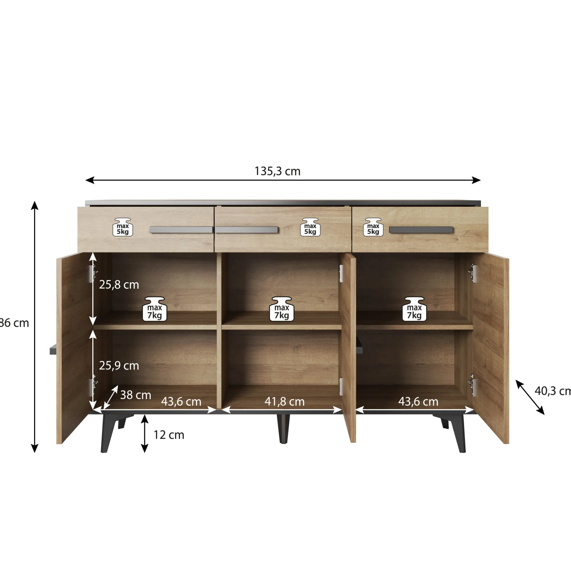 Frey - Dressoir - Donker eiken - Zwart - 135x40x86 cm
