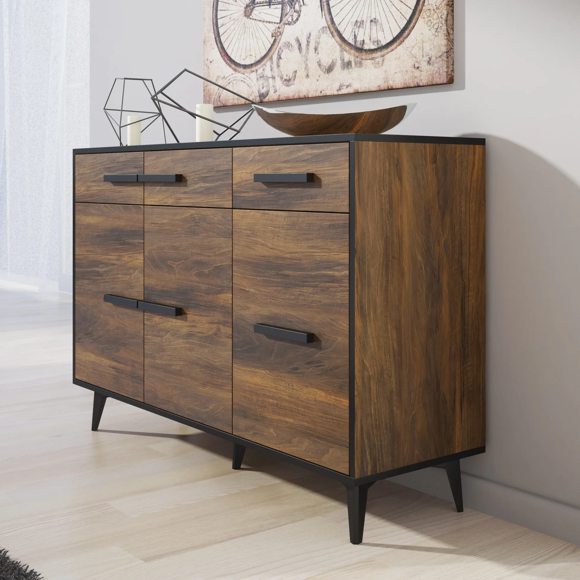 Frey - Dressoir - Donker eiken - Zwart - 135x40x86 cm