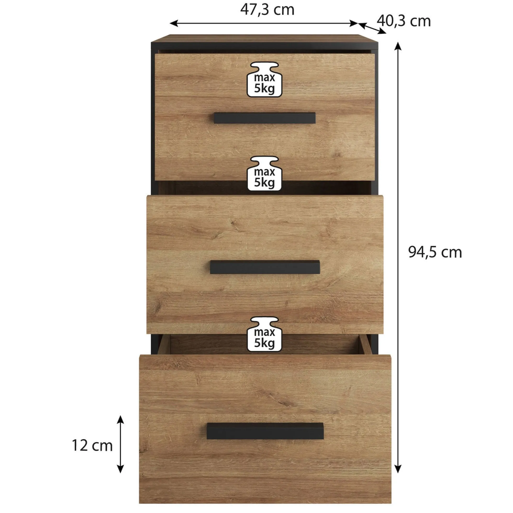 Frey - Ladekast - Donker eiken/zwart - 47x40x95 cm