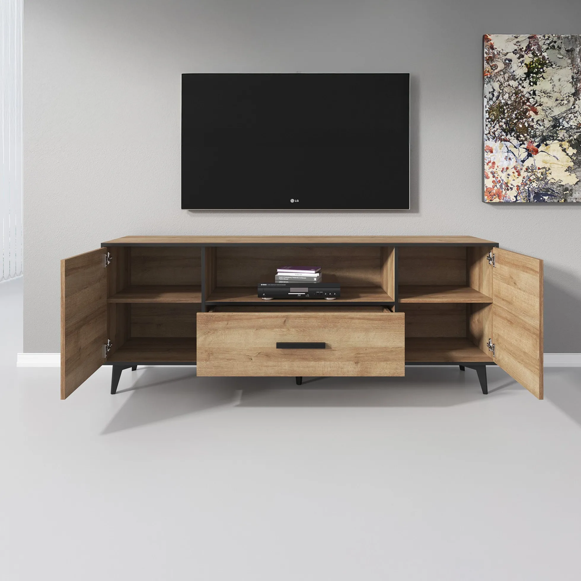 Frey - TV-Meubel - Licht eiken/zwart - 179x40x687 cm