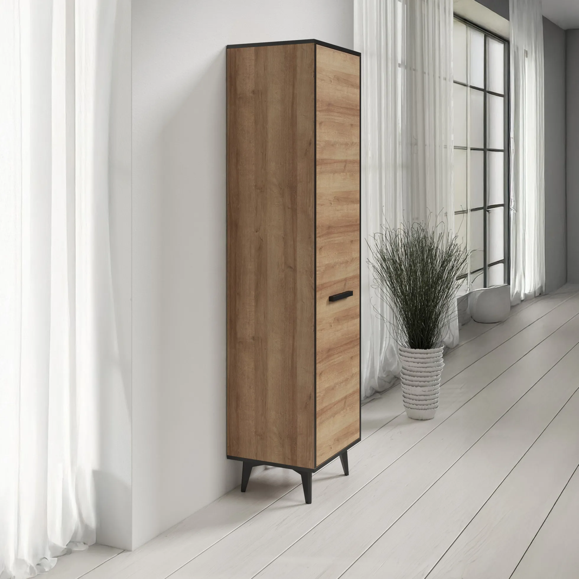 Frey - Vitrinekast - Licht eiken - Zwart - 47x40x185 cm