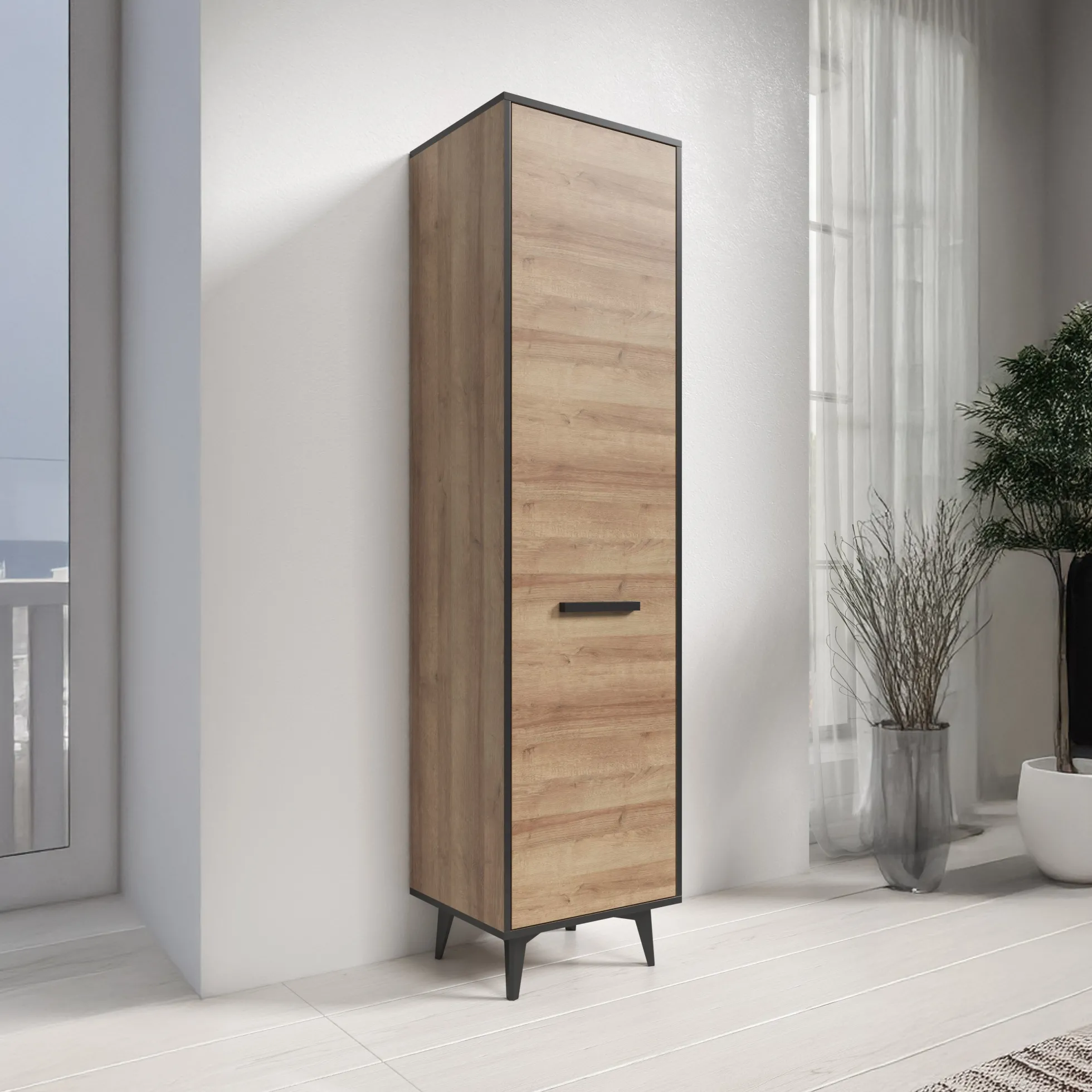 Frey - Vitrinekast - Licht eiken - Zwart - 47x40x185 cm