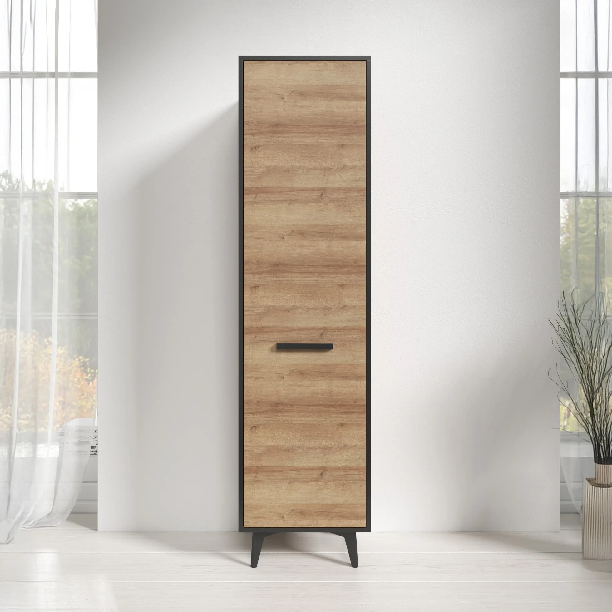 Frey - Vitrinekast - Licht eiken - Zwart - 47x40x185 cm