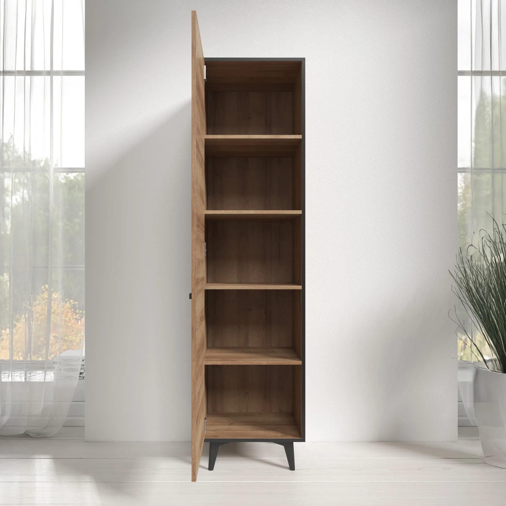 Frey - Vitrinekast - Licht eiken - Zwart - 47x40x185 cm