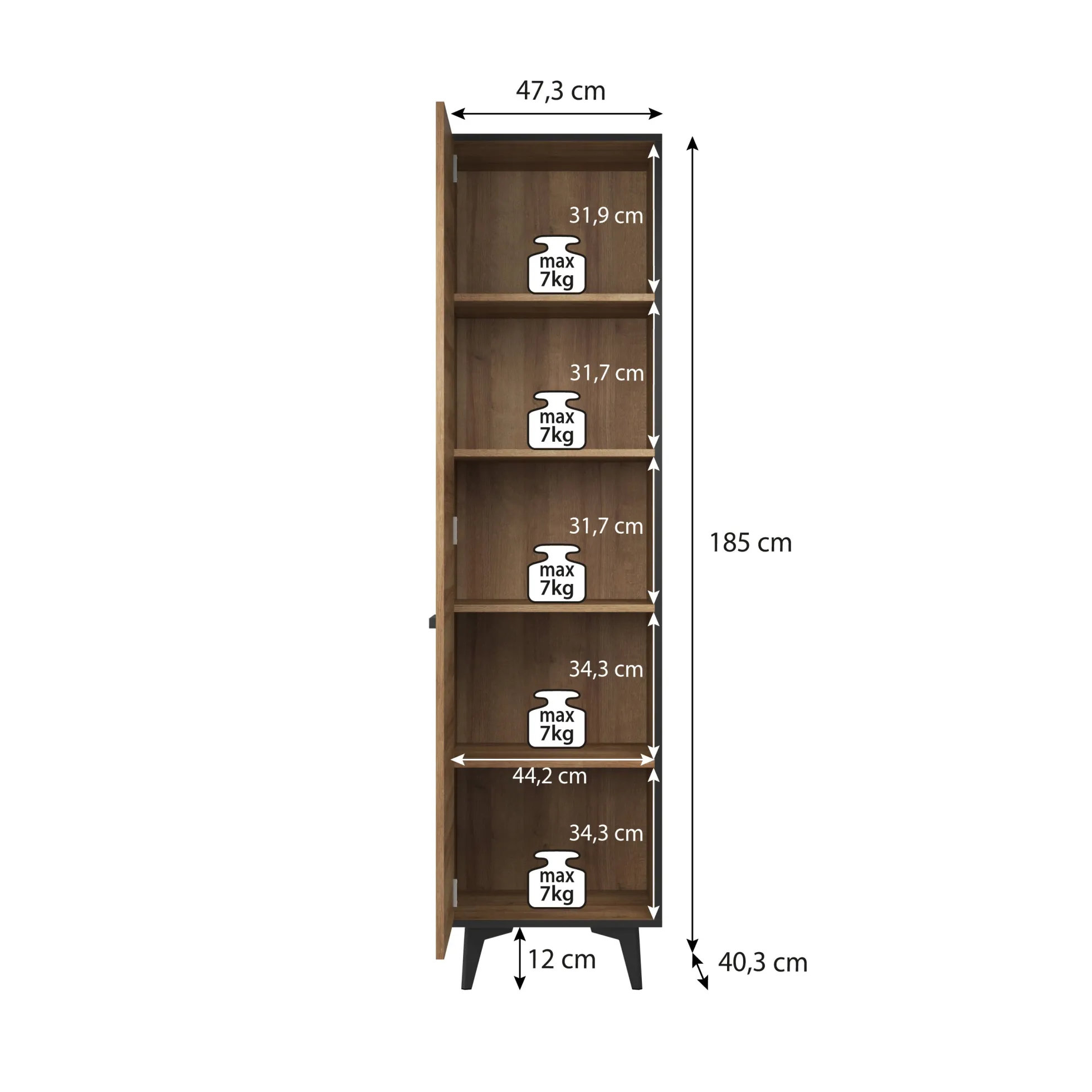 Frey - Vitrinekast - Licht eiken - Zwart - 47x40x185 cm