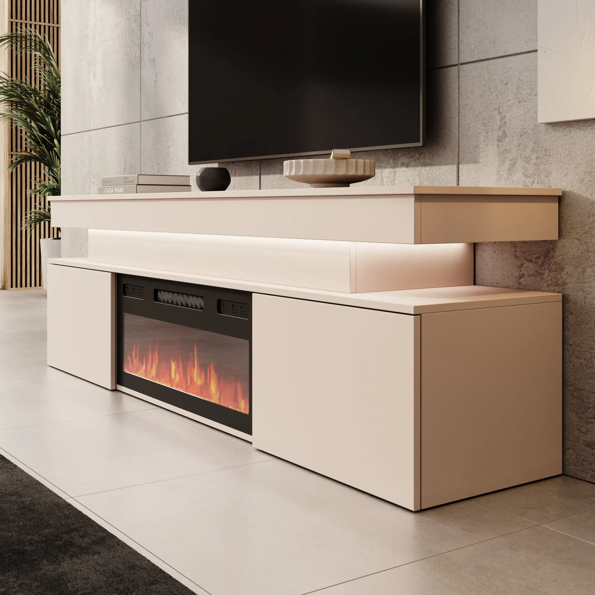 Galan - TV-Meubel met sfeerhaard - Beige - 190x39x54 cm