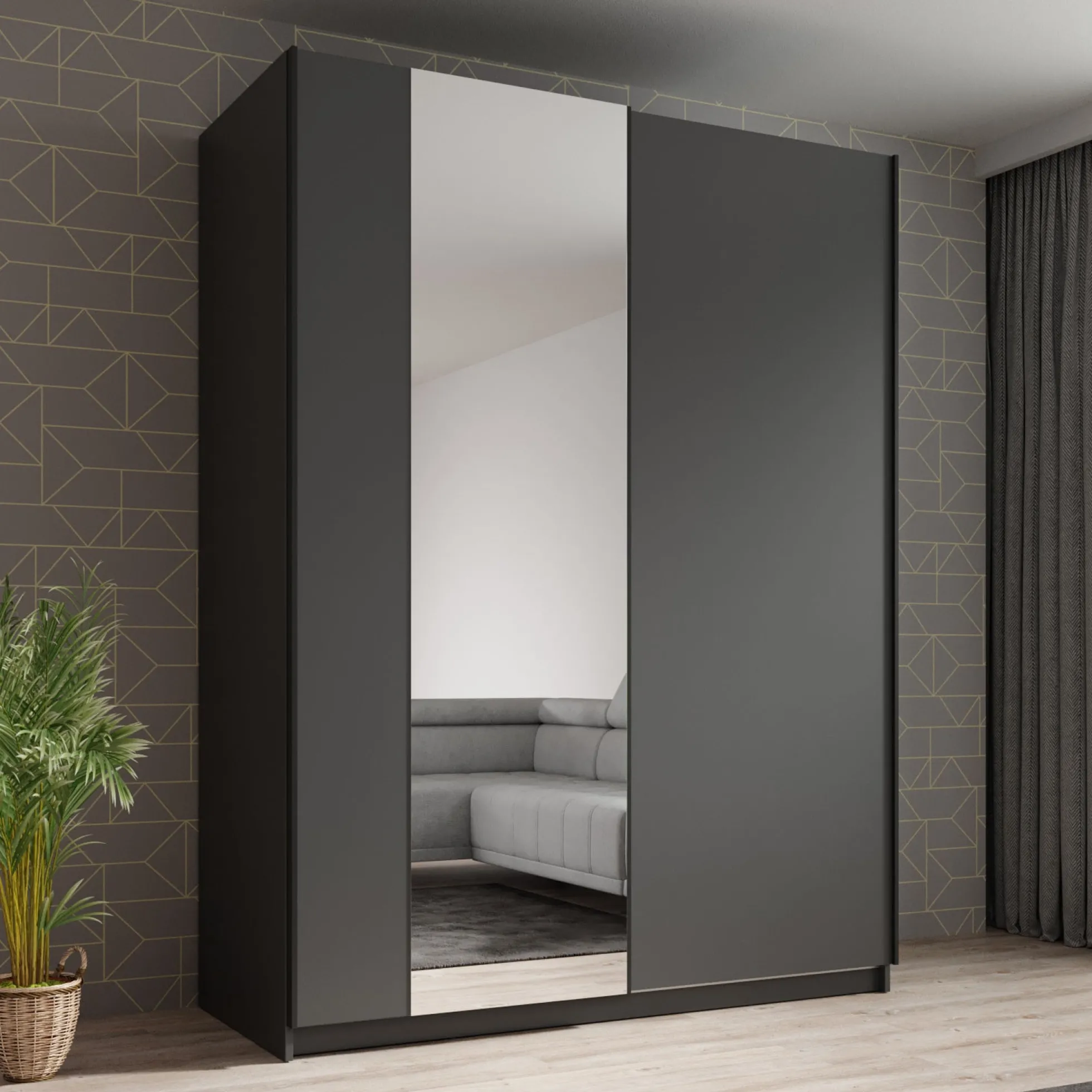 Ganaro - Kledingkast met spiegel - Grijs - 150x62x198 cm