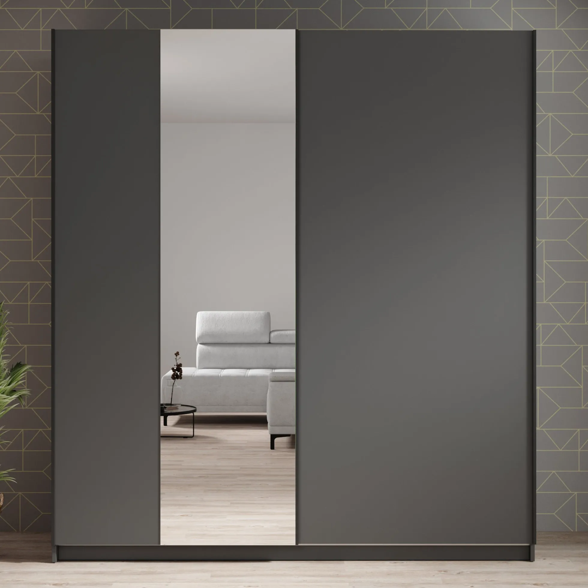 Ganaro - Kledingkast met spiegel - Grijs - 180x62x198 cm