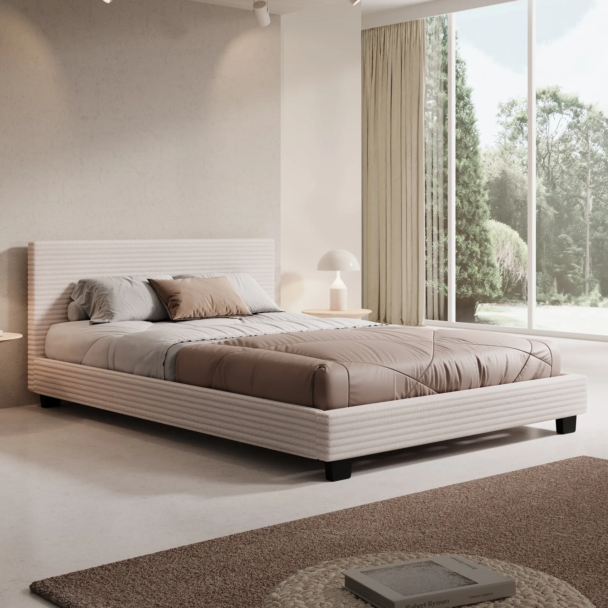 George - Tweepersoonsbed - Ribstof beige - 140x200x78 cm