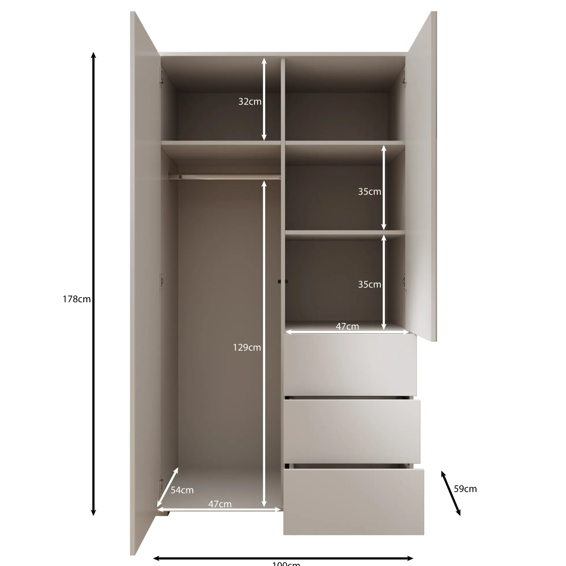 Gideon - Kledingkast met spiegel - Beige - 100x59x178 cm