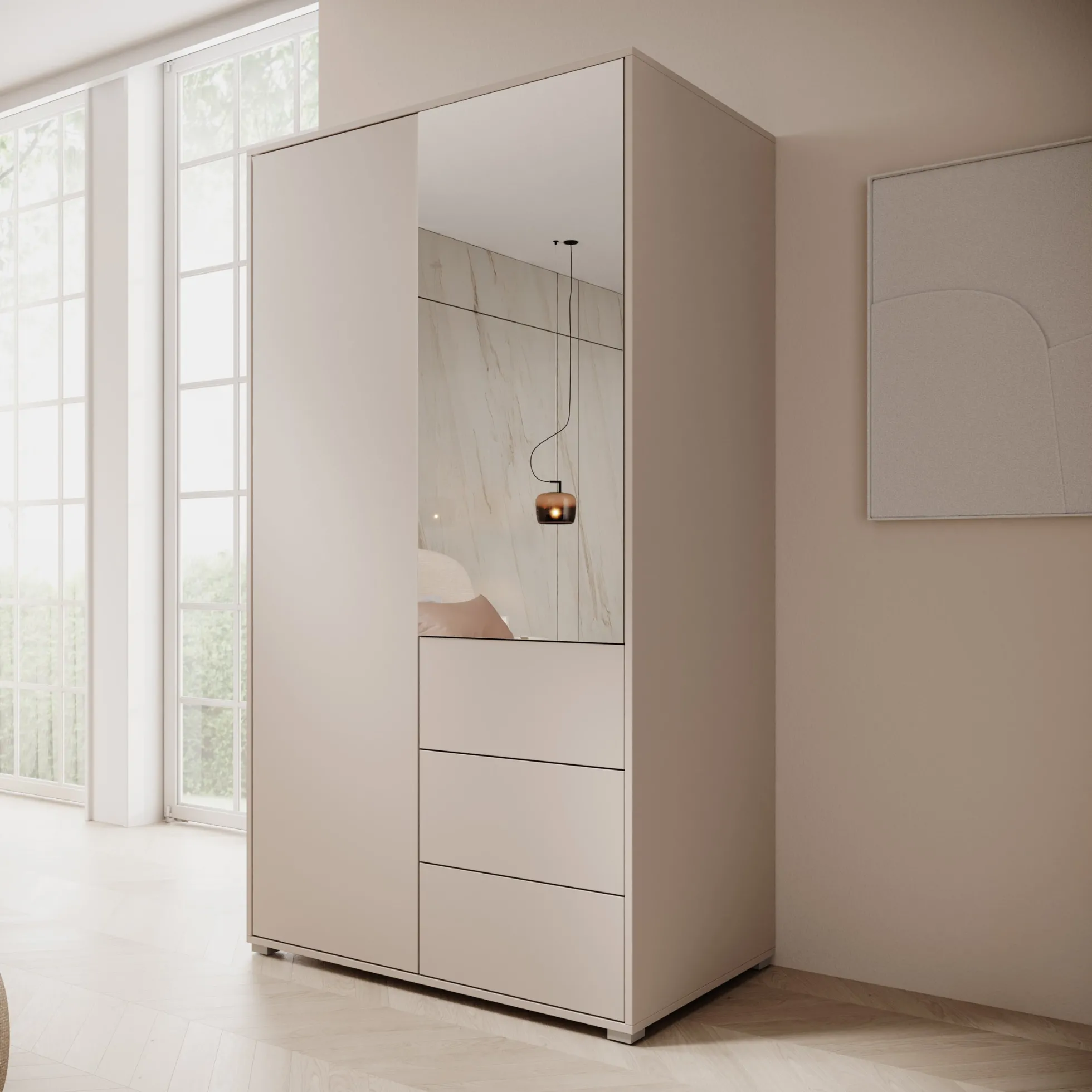 Gideon - Kledingkast met spiegel - Beige - 100x59x178 cm