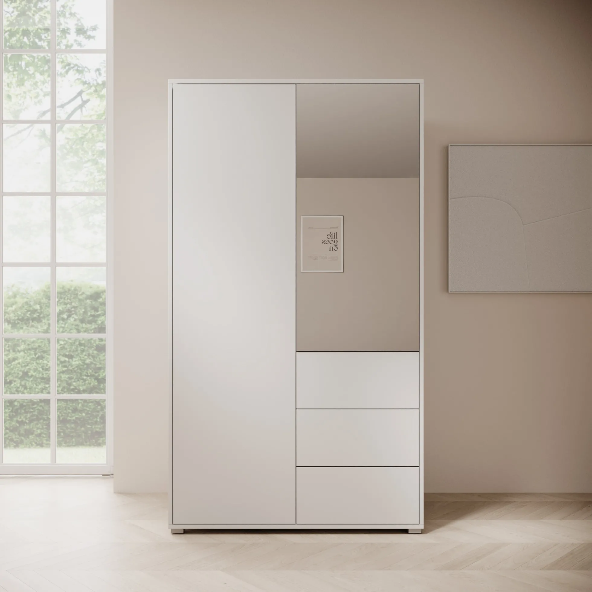 Gideon - Kledingkast met spiegel - Wit - 100x59x178 cm