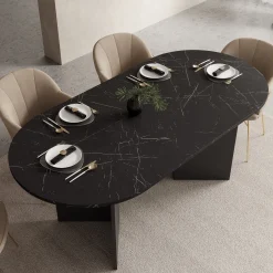 Glenne - Eetkamertafel ovaal - Zwart marmerlook - 185x90x75 cm