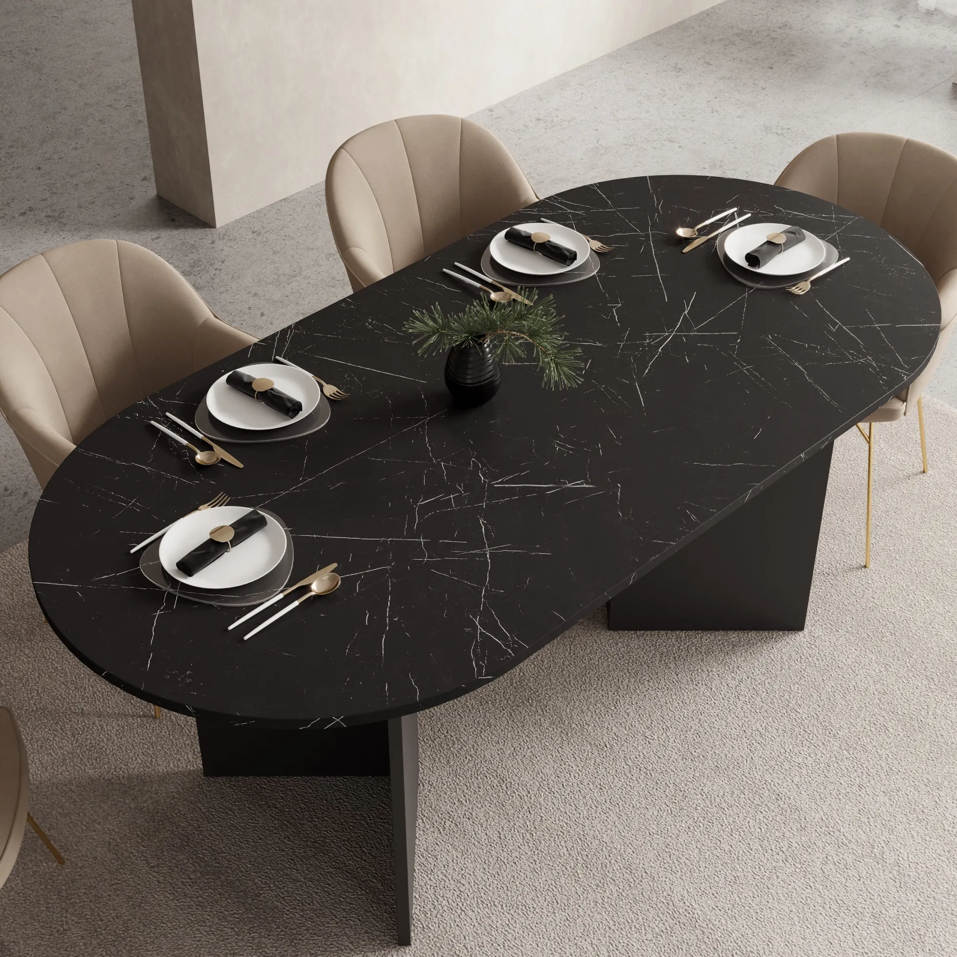 Glenne - Eetkamertafel ovaal - Zwart marmerlook - 185x90x75 cm