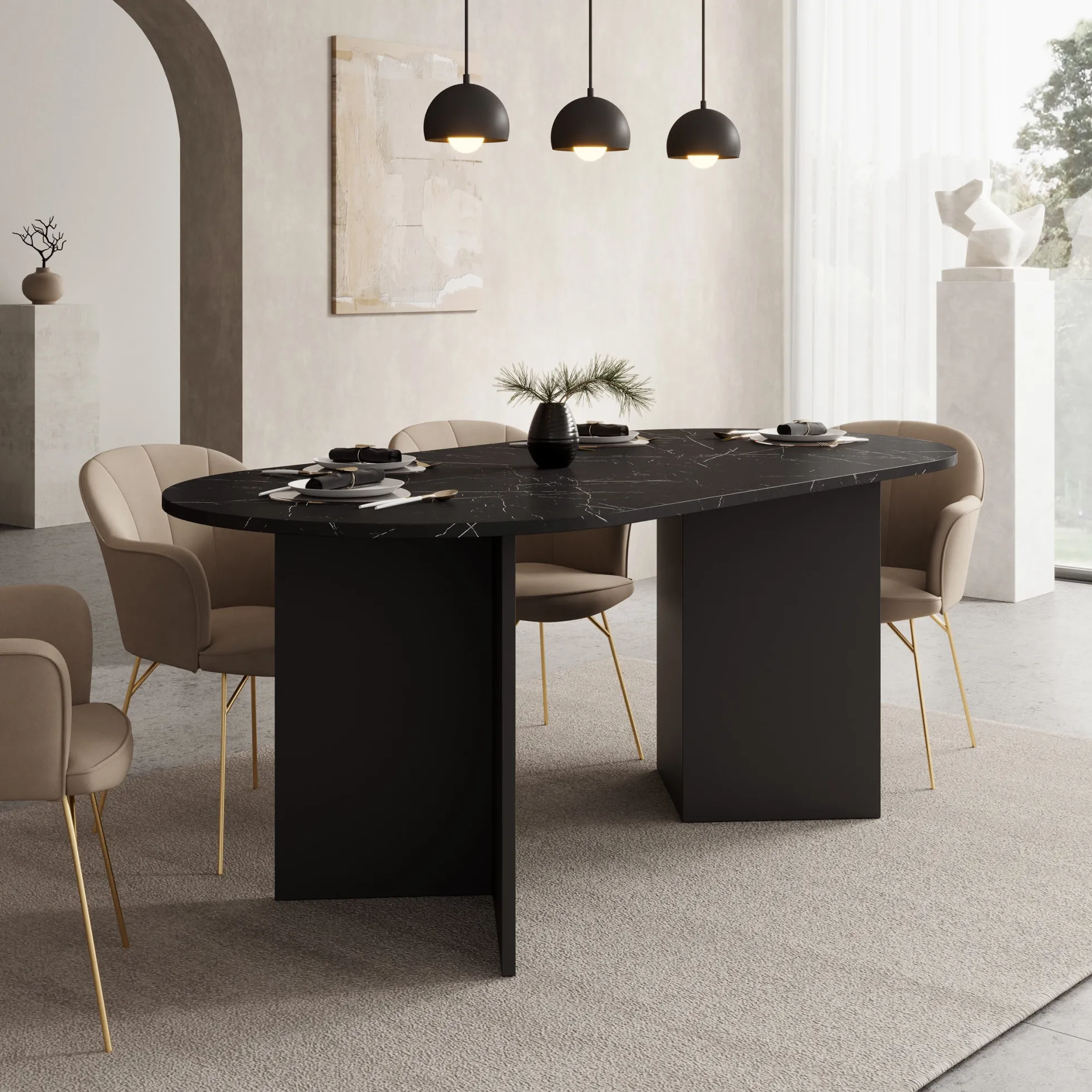 Glenne - Eetkamertafel ovaal - Zwart marmerlook - 185x90x75 cm