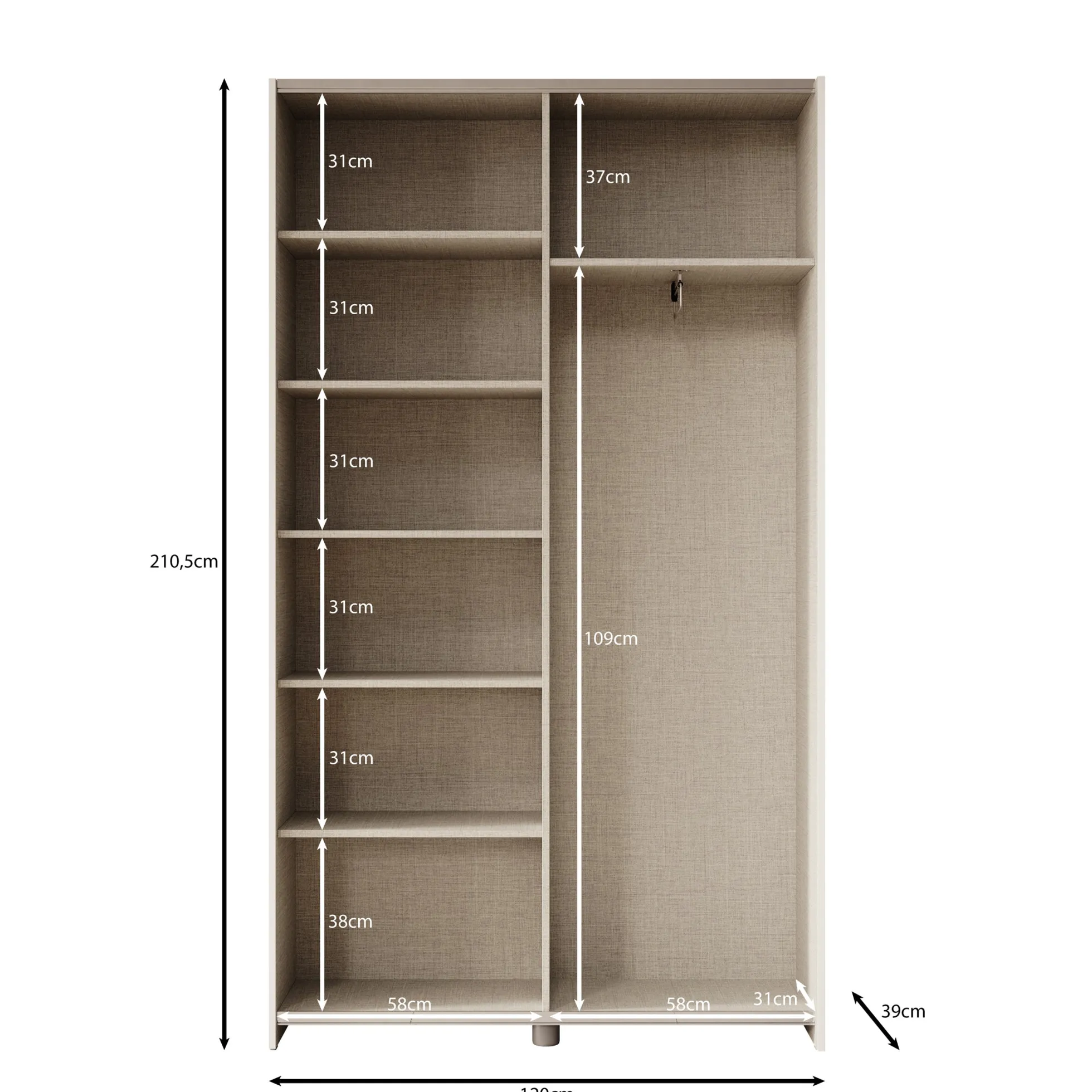 Helvar - Kledingkast met schuifdeuren - Wit - 120x39x211 cm
