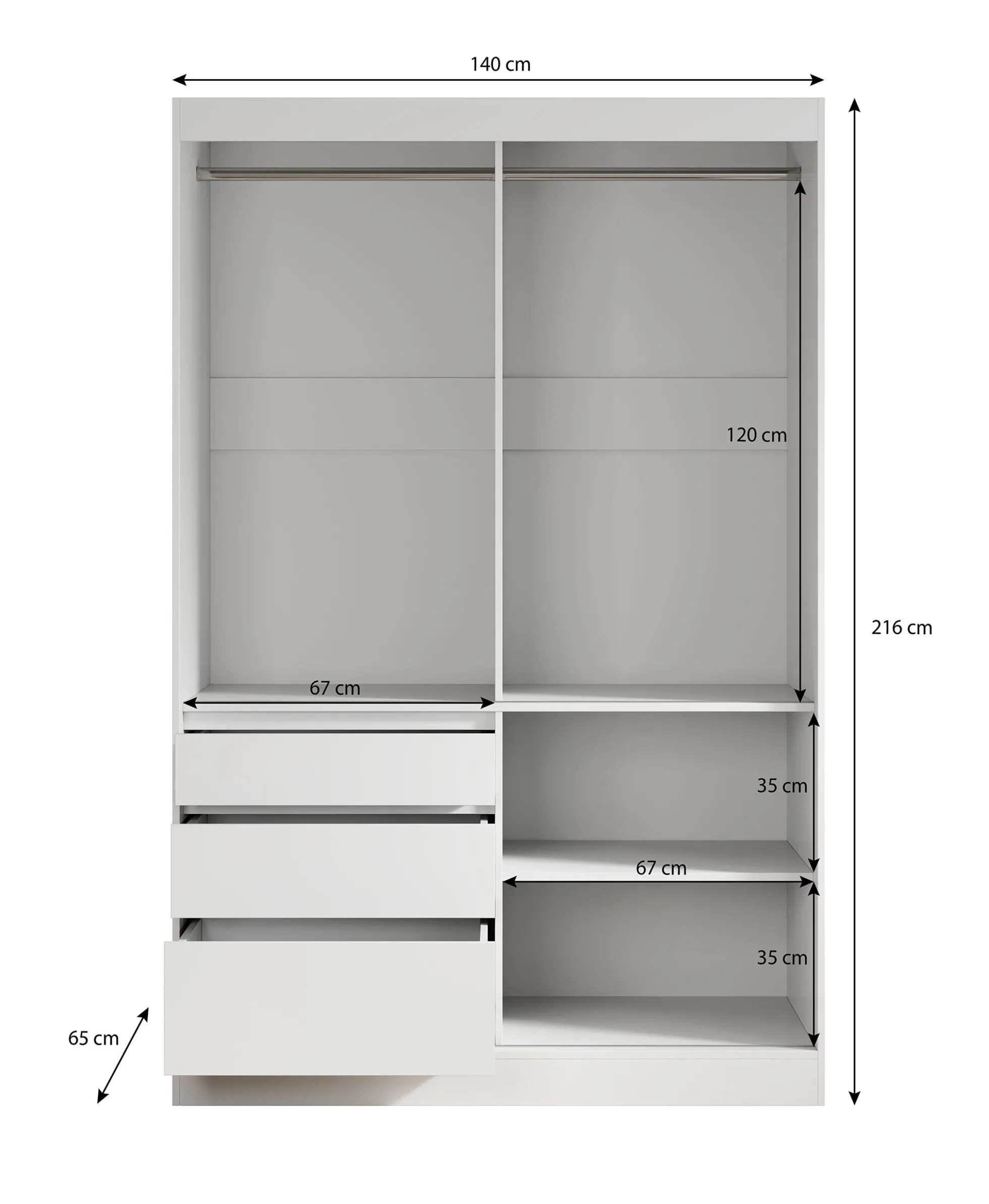 Henry - Kledingkast met schuifdeuren - Wit - 140x65x216 cm