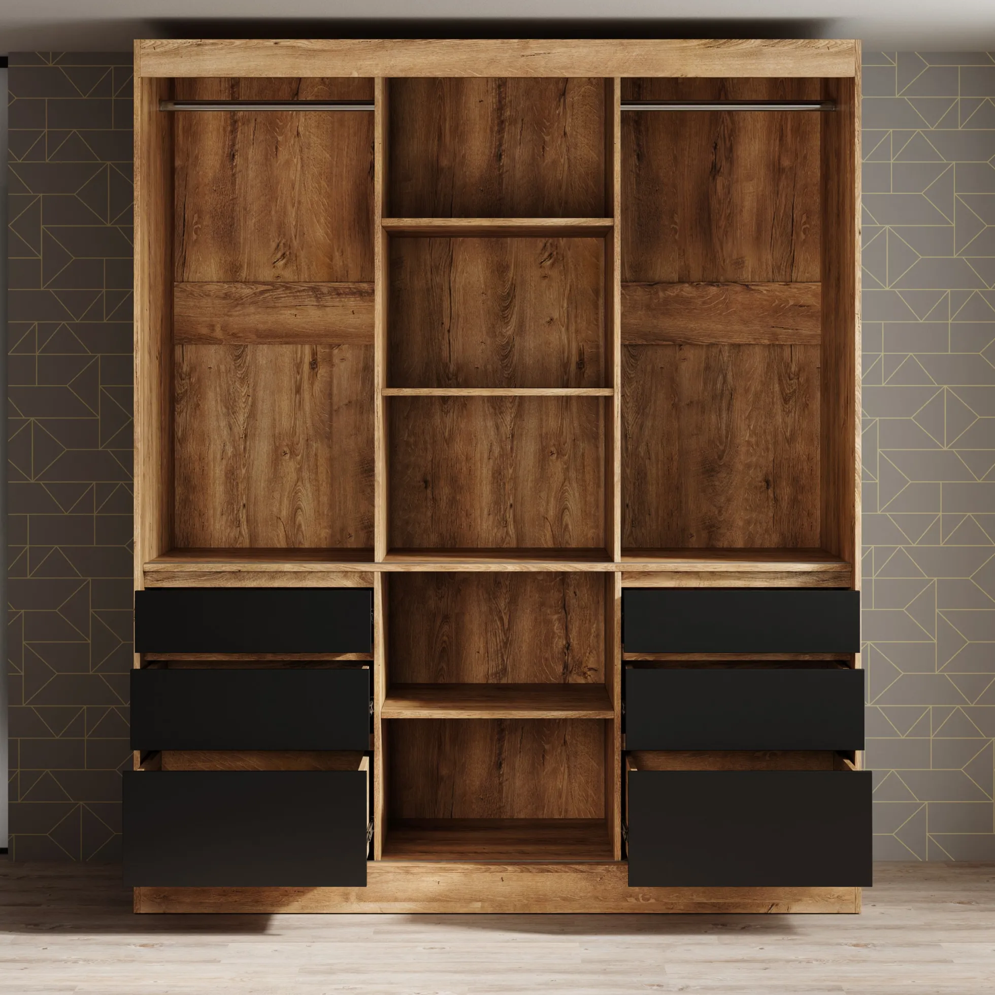 Henry - Kledingkast met schuifdeuren - Eiken/zwart - 180x65x216 cm