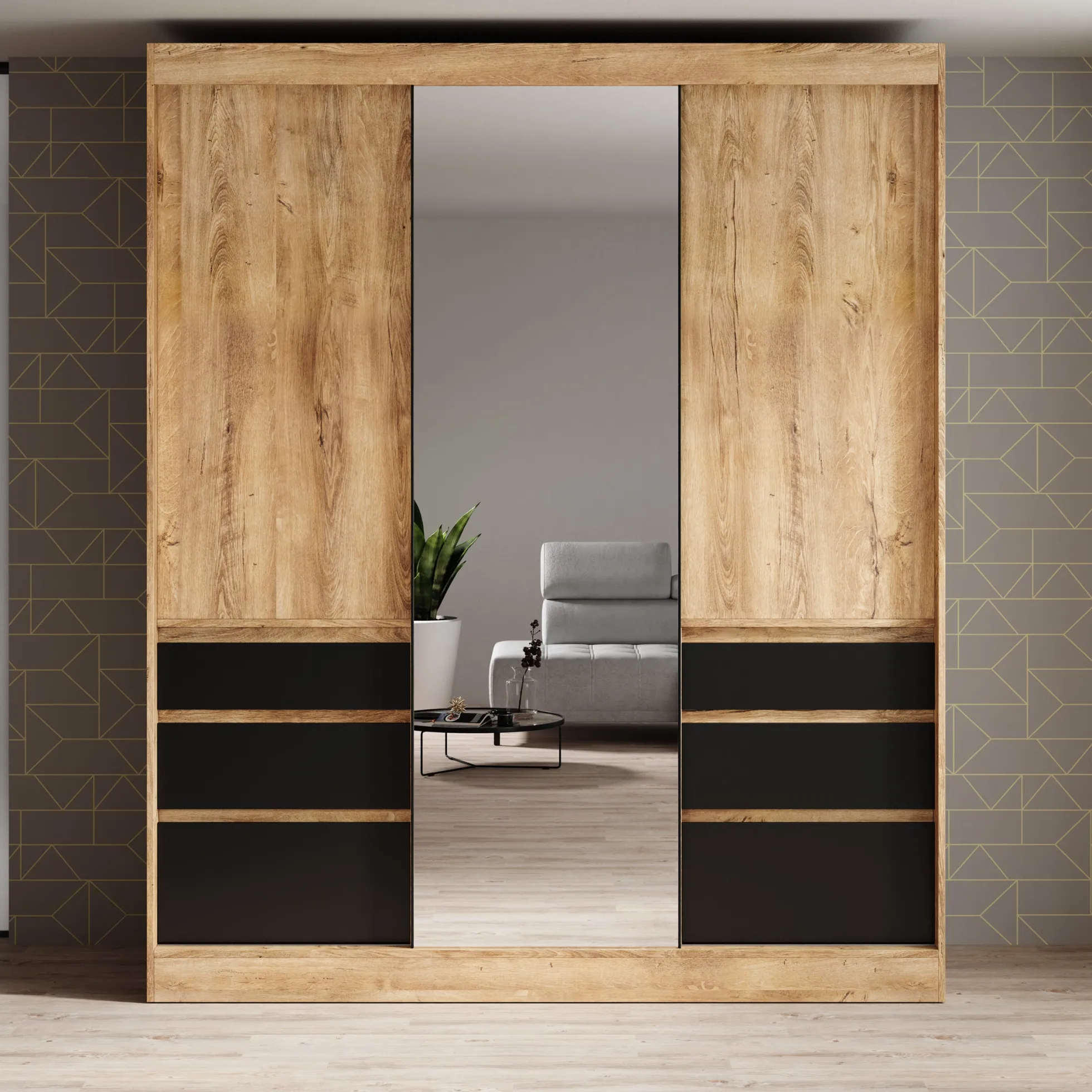 Henry - Kledingkast met schuifdeuren - Eiken/zwart - 180x65x216 cm