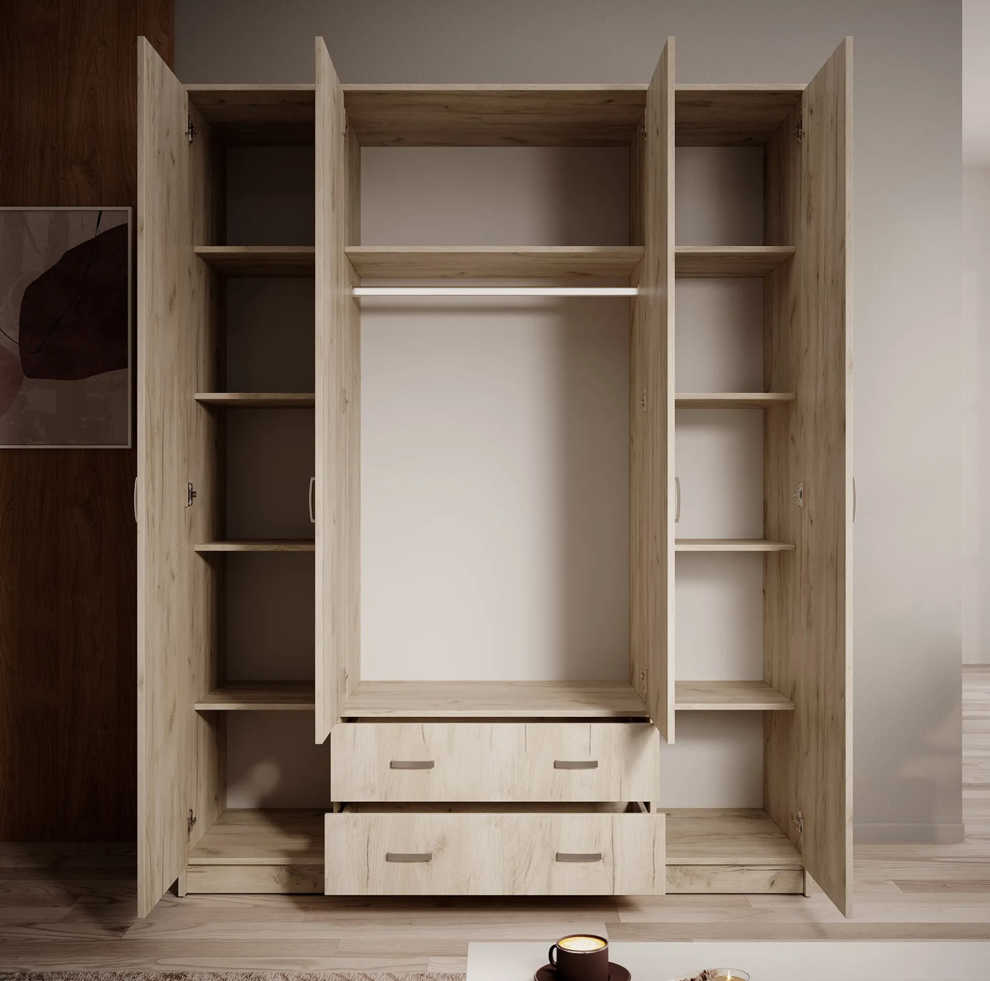 Hinto - Kledingkast 4-deurs - Grijs - 160x52x205 cm
