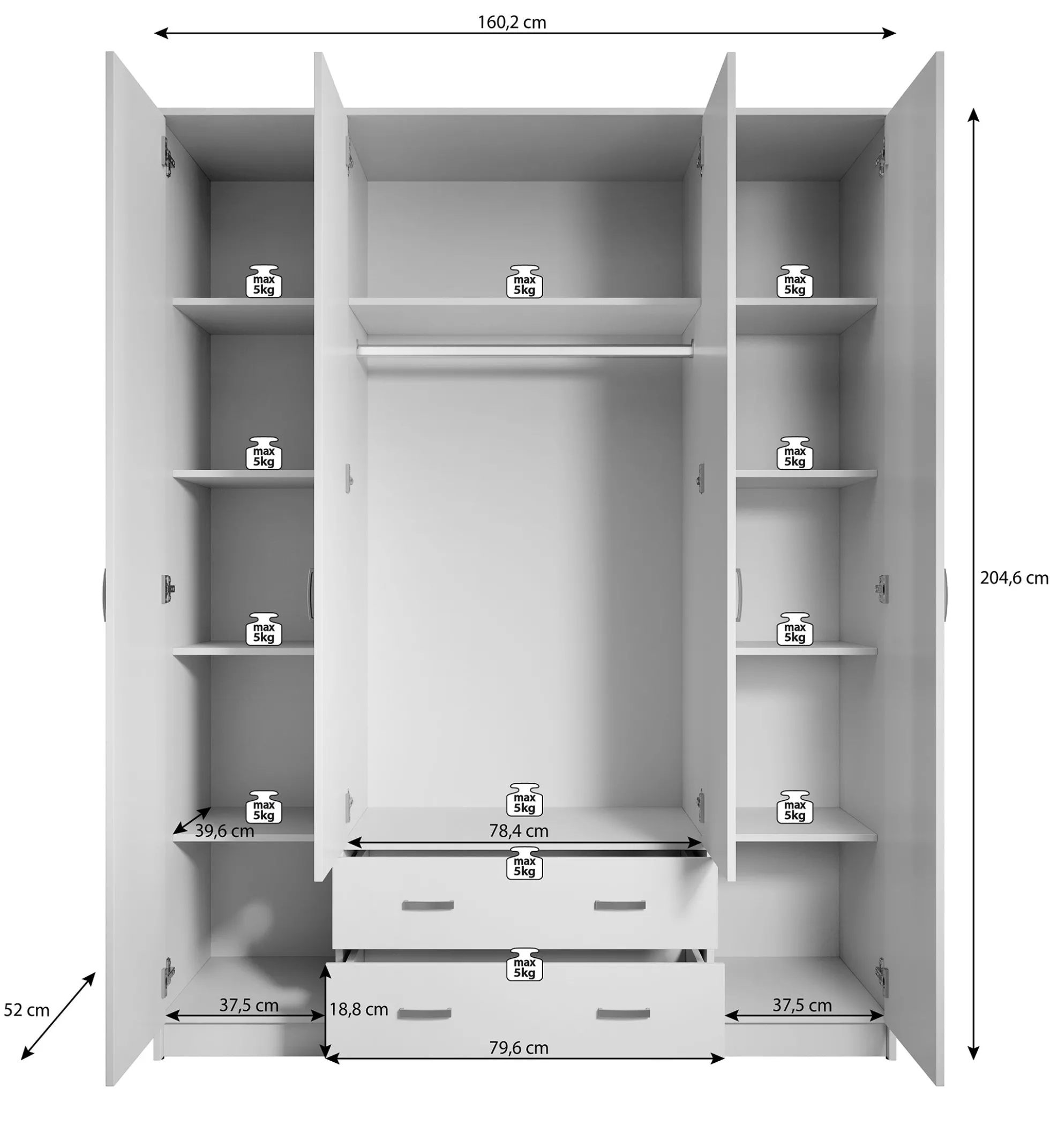 Hinto - Kledingkast 4-deurs - Grijs - 160x52x205 cm