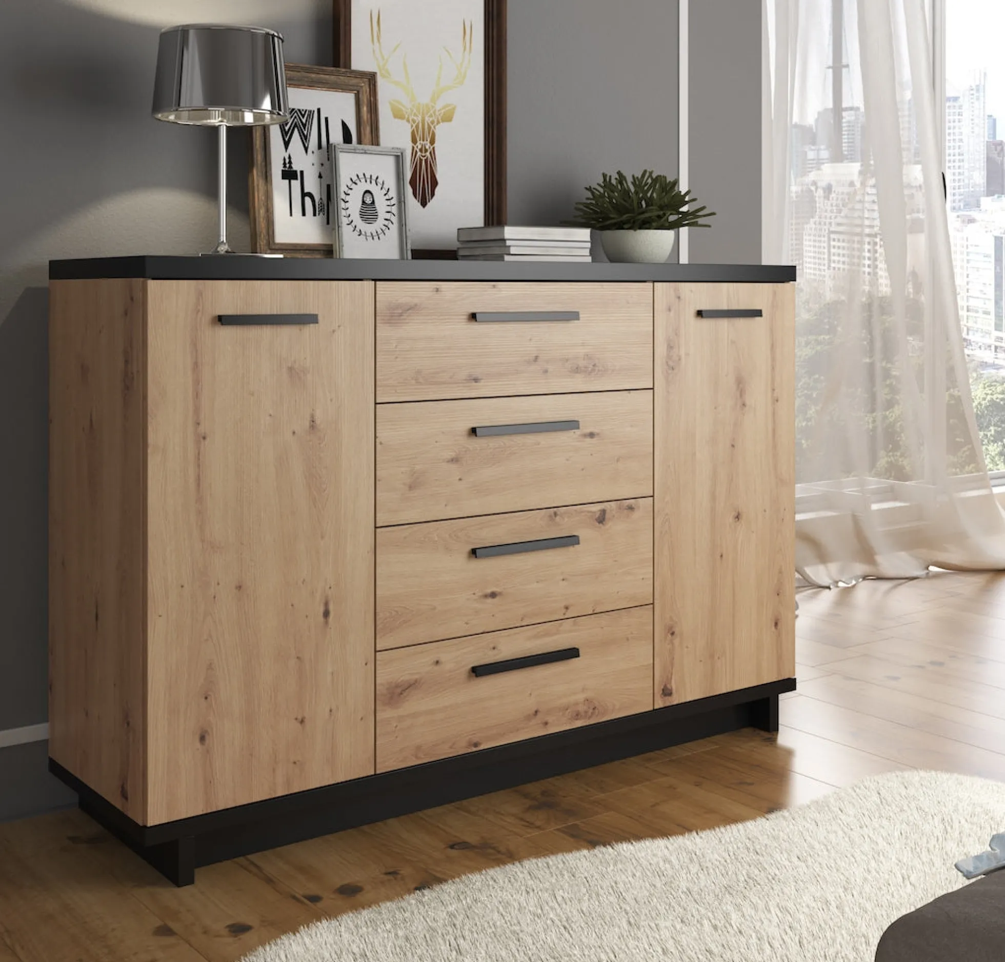 Incala - Dressoir - Eiken/zwart - 135x40x90 cm