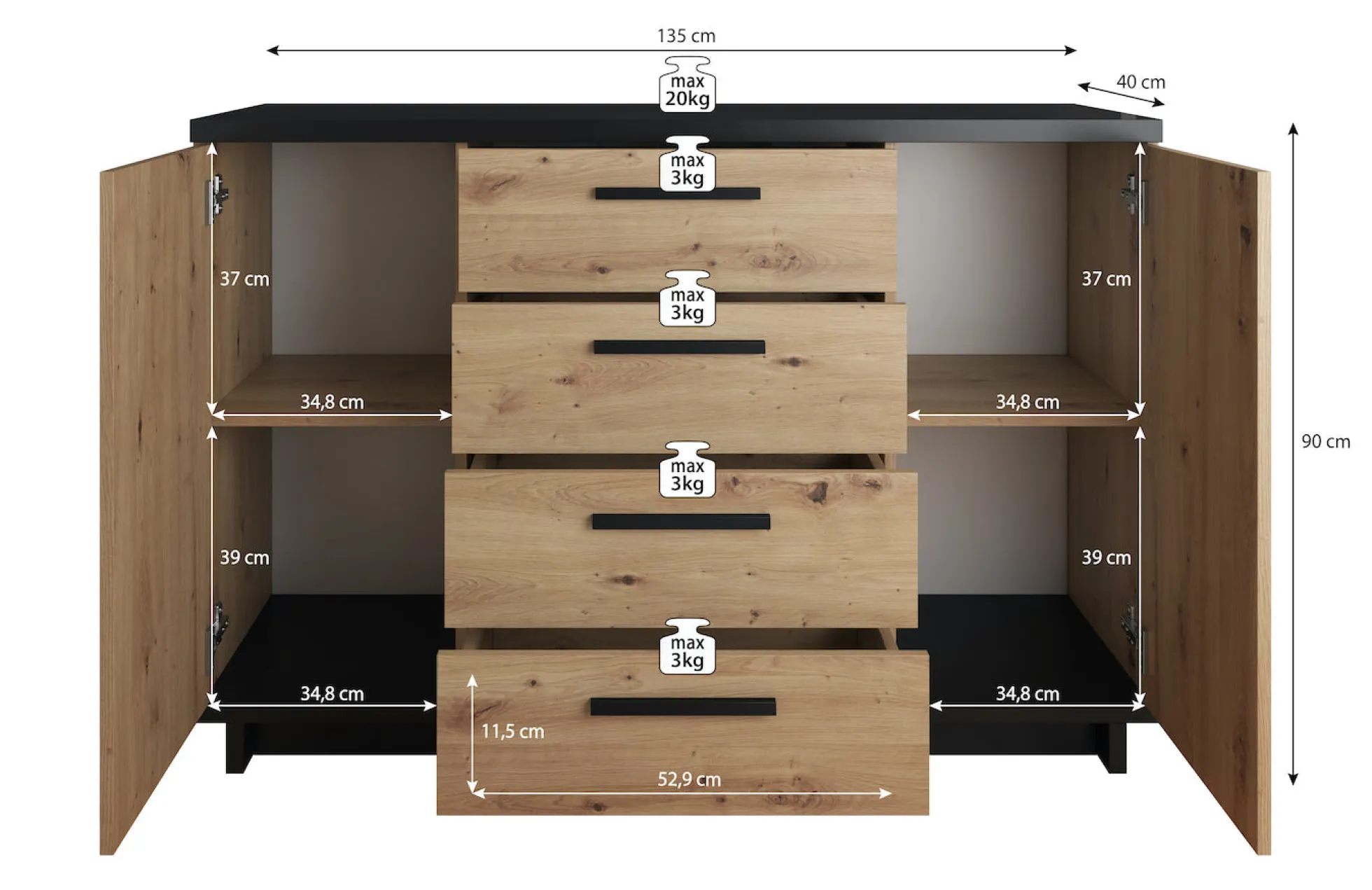 Incala - Dressoir - Eiken/zwart - 135x40x90 cm
