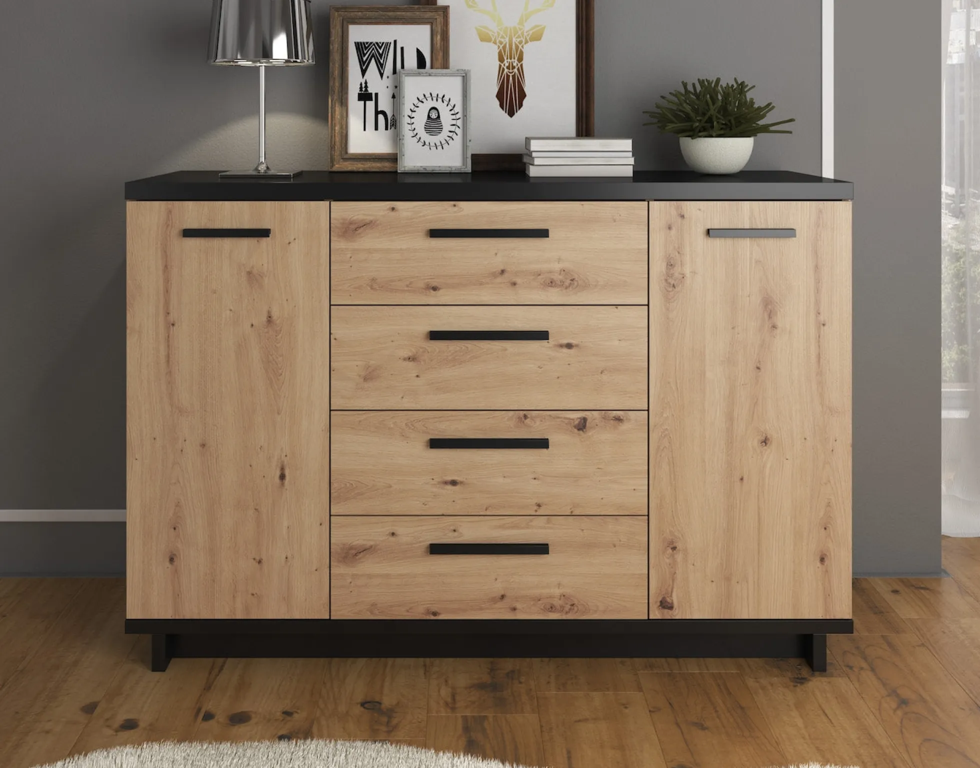 Incala - Dressoir - Eiken/zwart - 135x40x90 cm