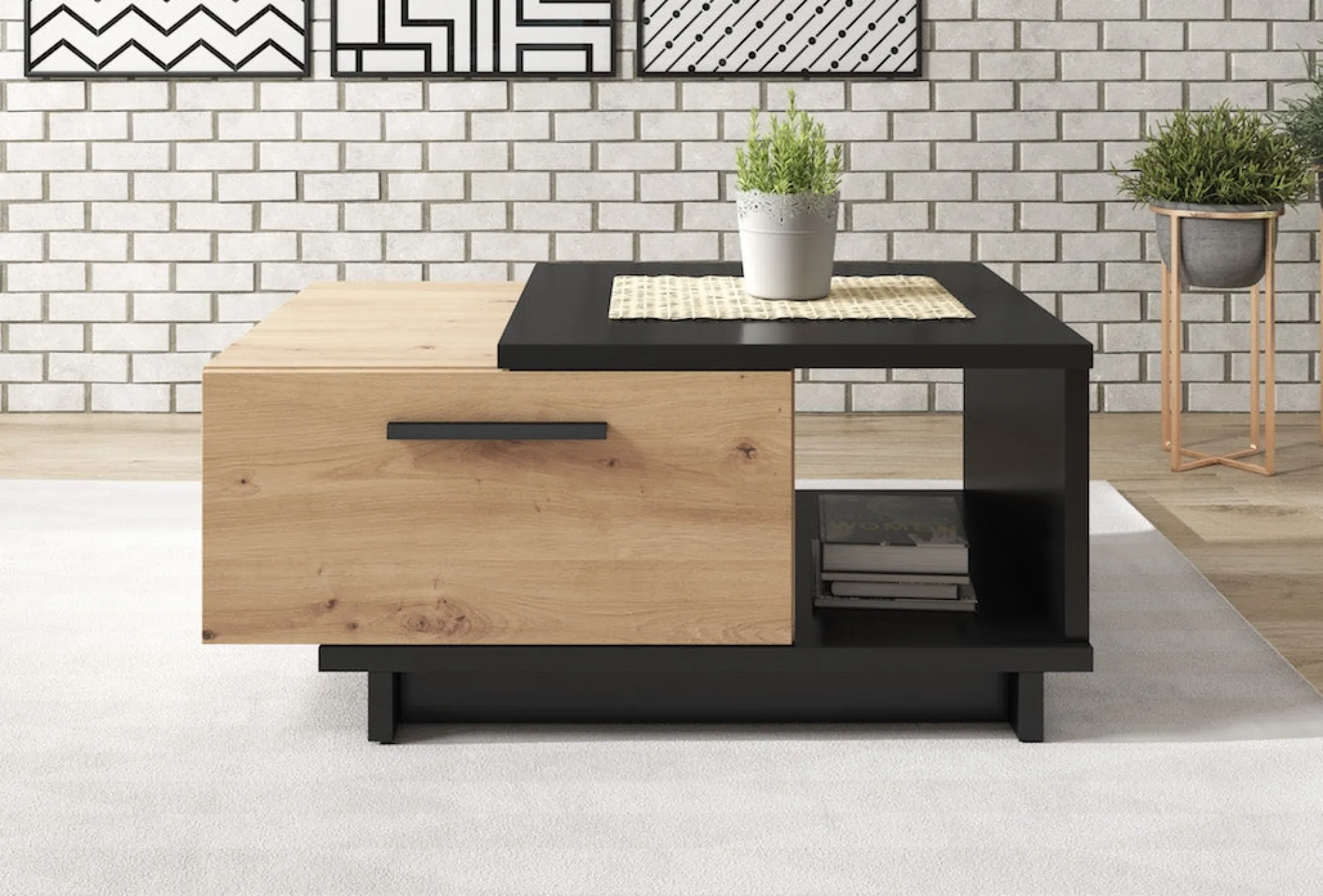 Incala - Salontafel 2 lades - Eiken/zwart - 90x60x40 cm