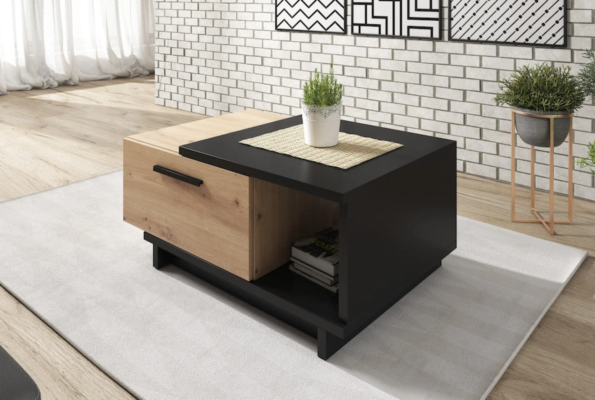 Incala - Salontafel 2 lades - Eiken/zwart - 90x60x40 cm