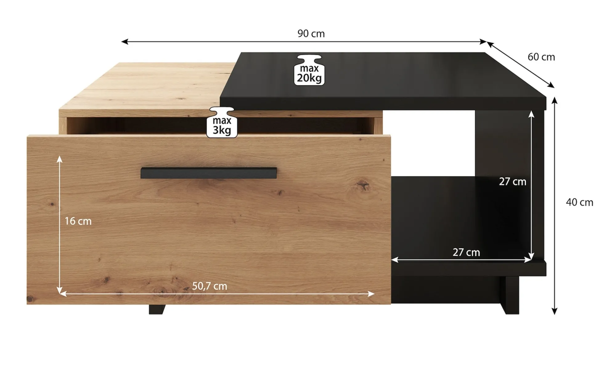 Incala - Salontafel 2 lades - Eiken/zwart - 90x60x40 cm