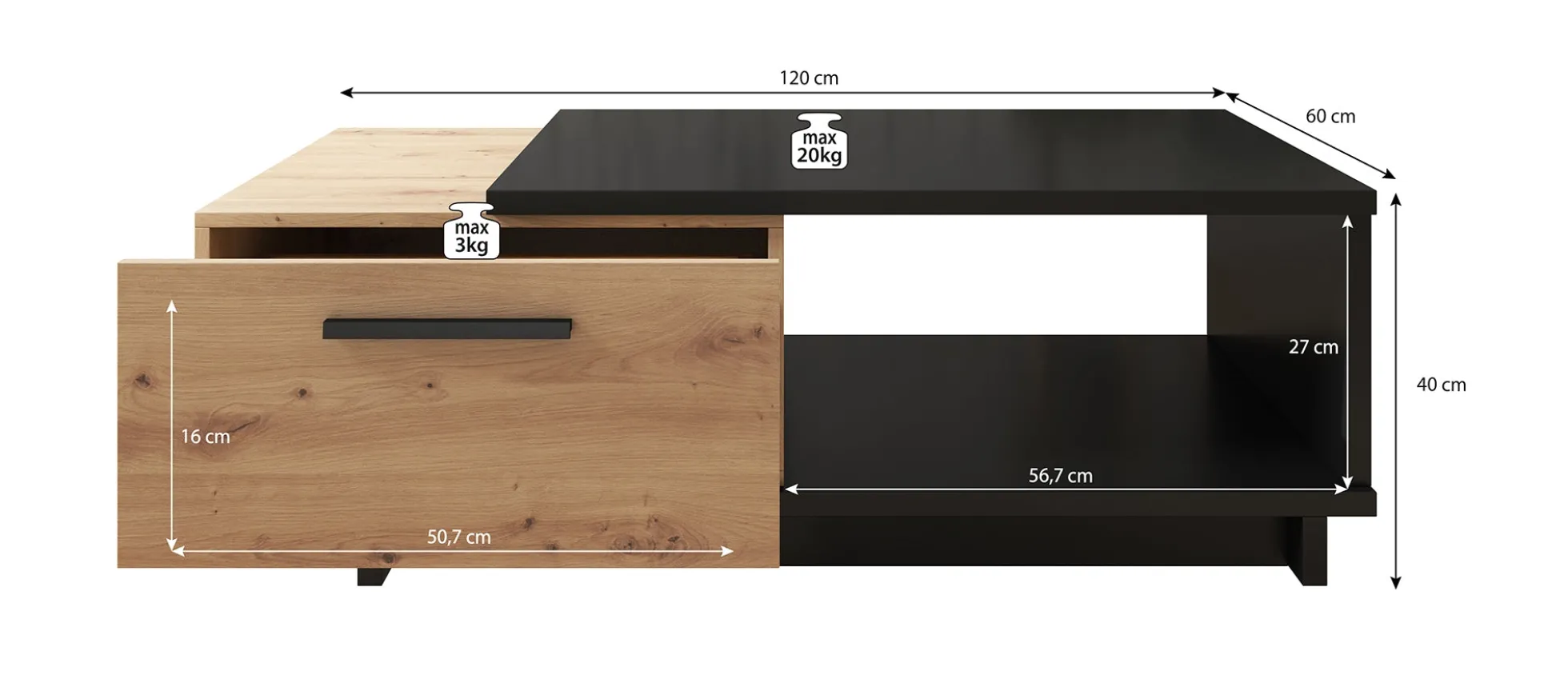 Incala - Salontafel 2 lades - Eiken/zwart - 120x60x40 cm