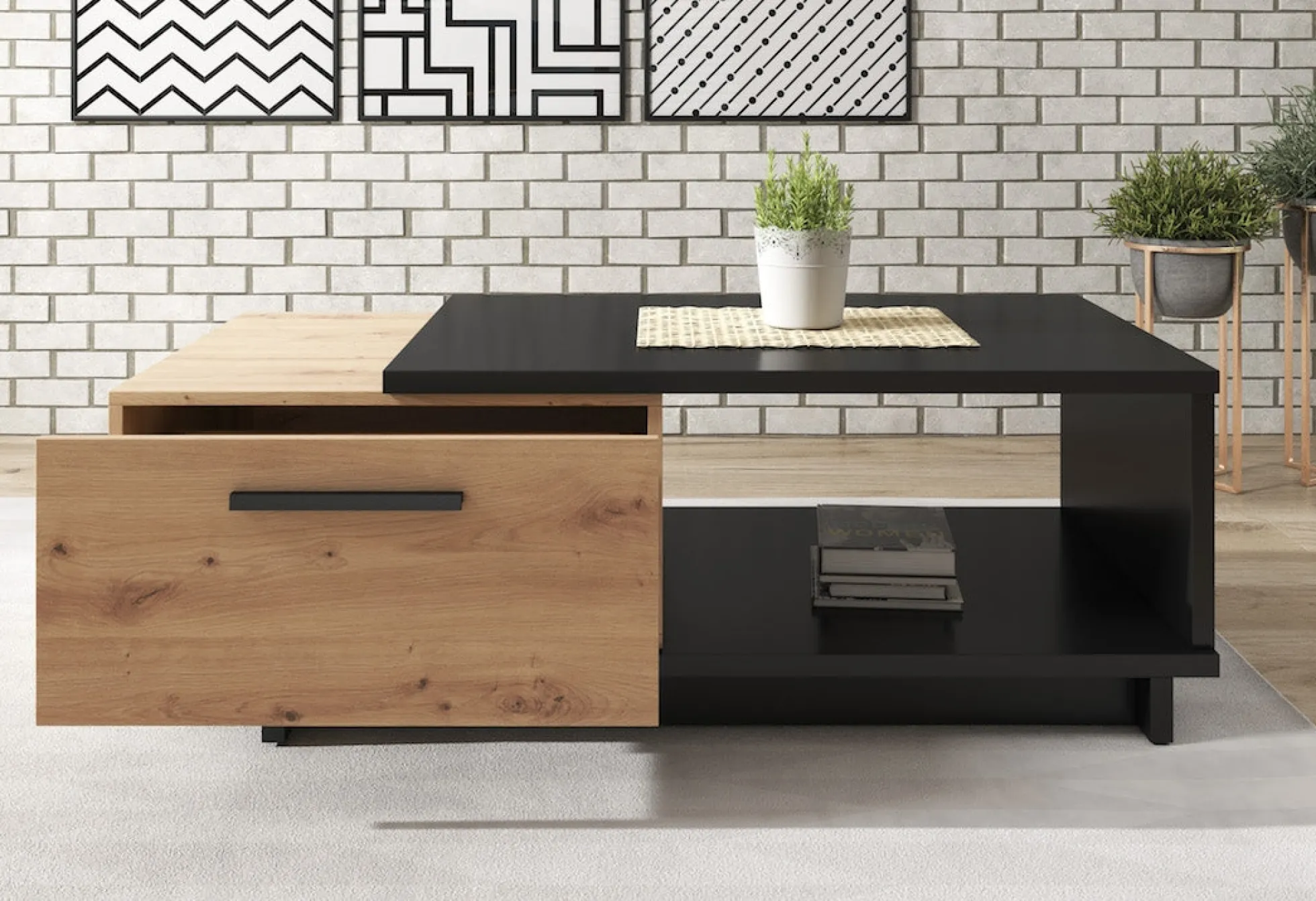 Incala - Salontafel 2 lades - Eiken/zwart - 120x60x40 cm