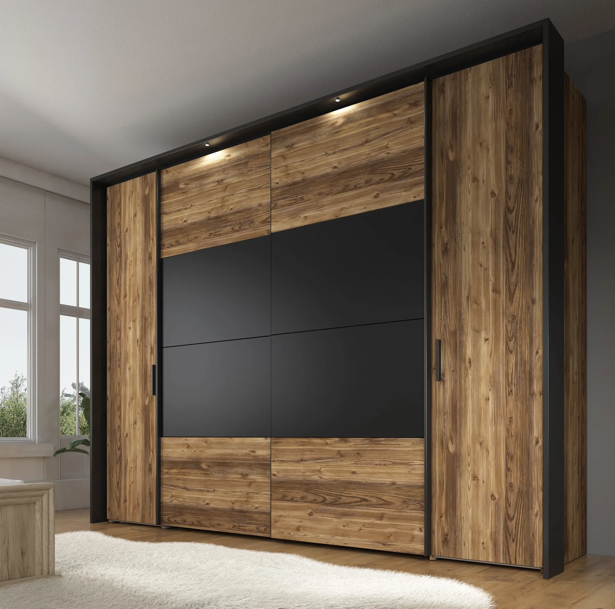 Jacob - Kledingkast met schuifdeuren - Zwart/eiken - 280x67x214 cm