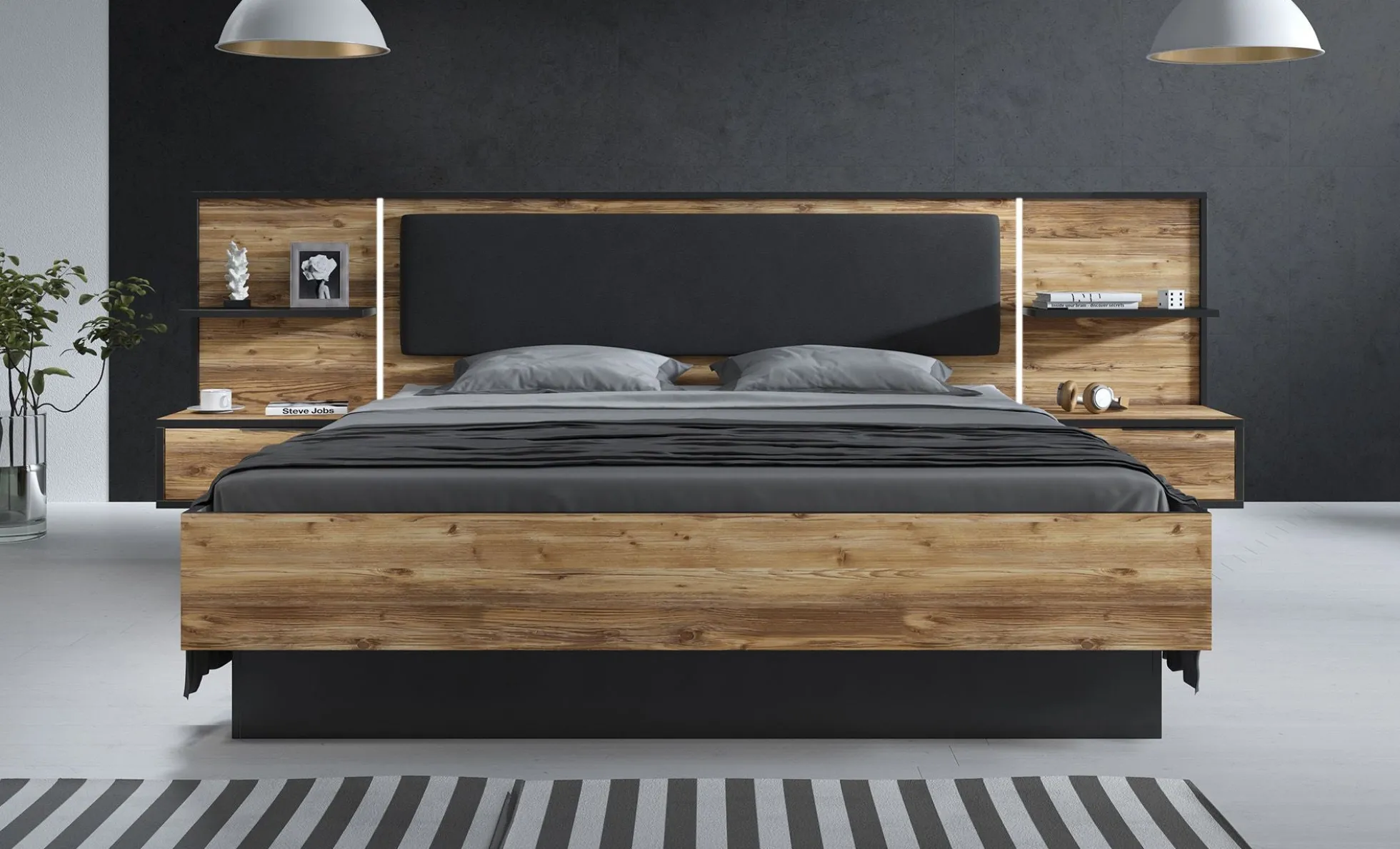 Jacob - Tweepersoonsbed met nachtkastjes - Zwart/Eiken - 180x200 cm