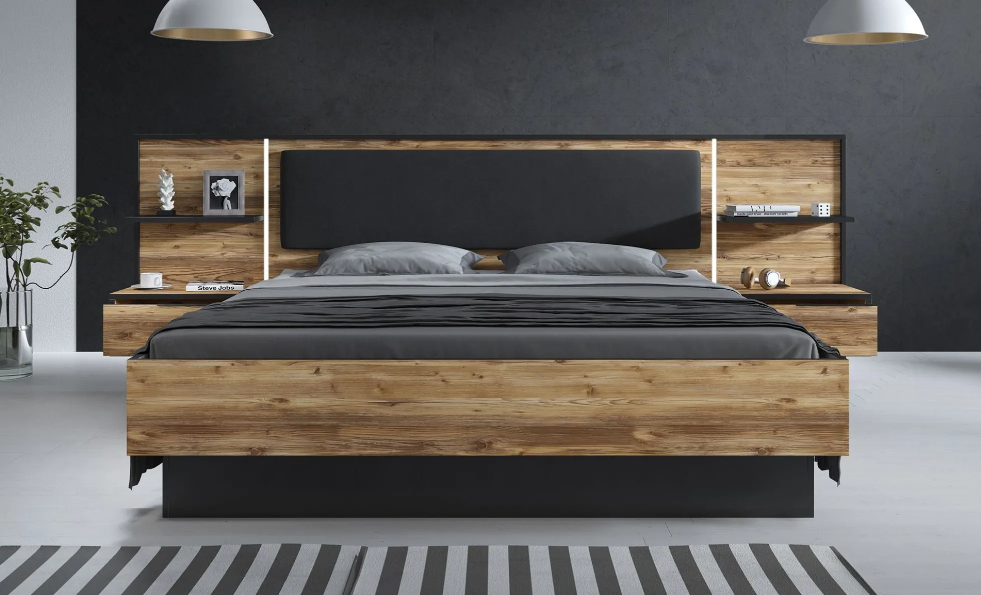 Jacob - Tweepersoonsbed met nachtkastjes - Zwart/Eiken - 180x200 cm