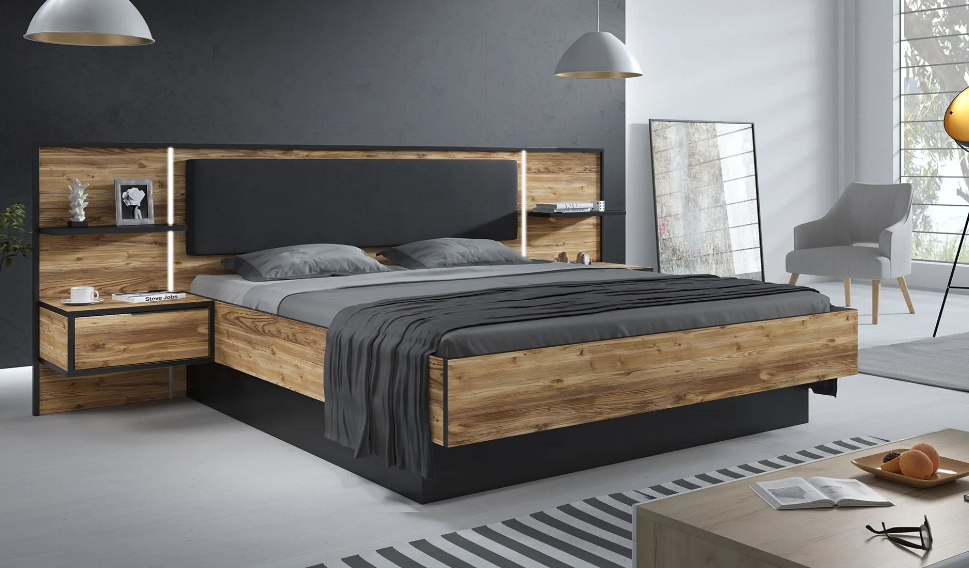 Jacob - Tweepersoonsbed met nachtkastjes - Zwart/Eiken - 180x200 cm