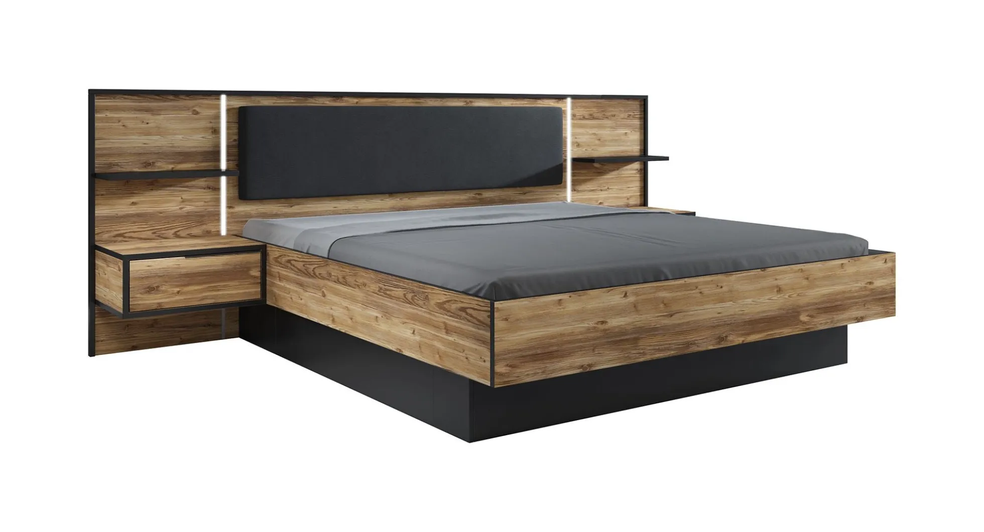 Jacob - Tweepersoonsbed met nachtkastjes - Zwart/Eiken - 180x200 cm