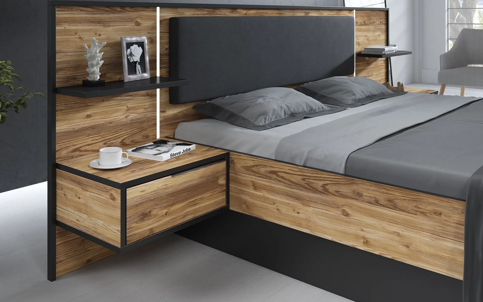 Jacob - Tweepersoonsbed met nachtkastjes - Zwart/Eiken - 180x200 cm