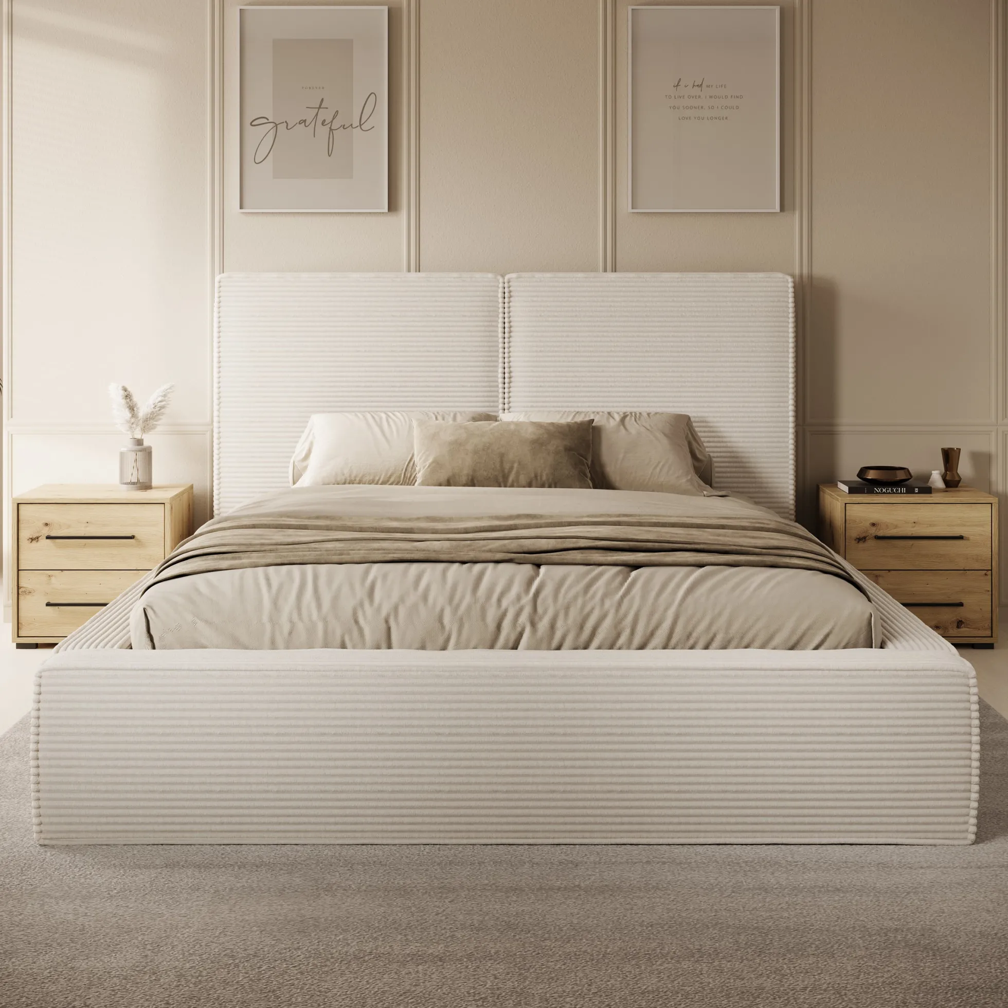 Jarviz - Tweepersoonsbed - Beige ribstof - 160x200 cm