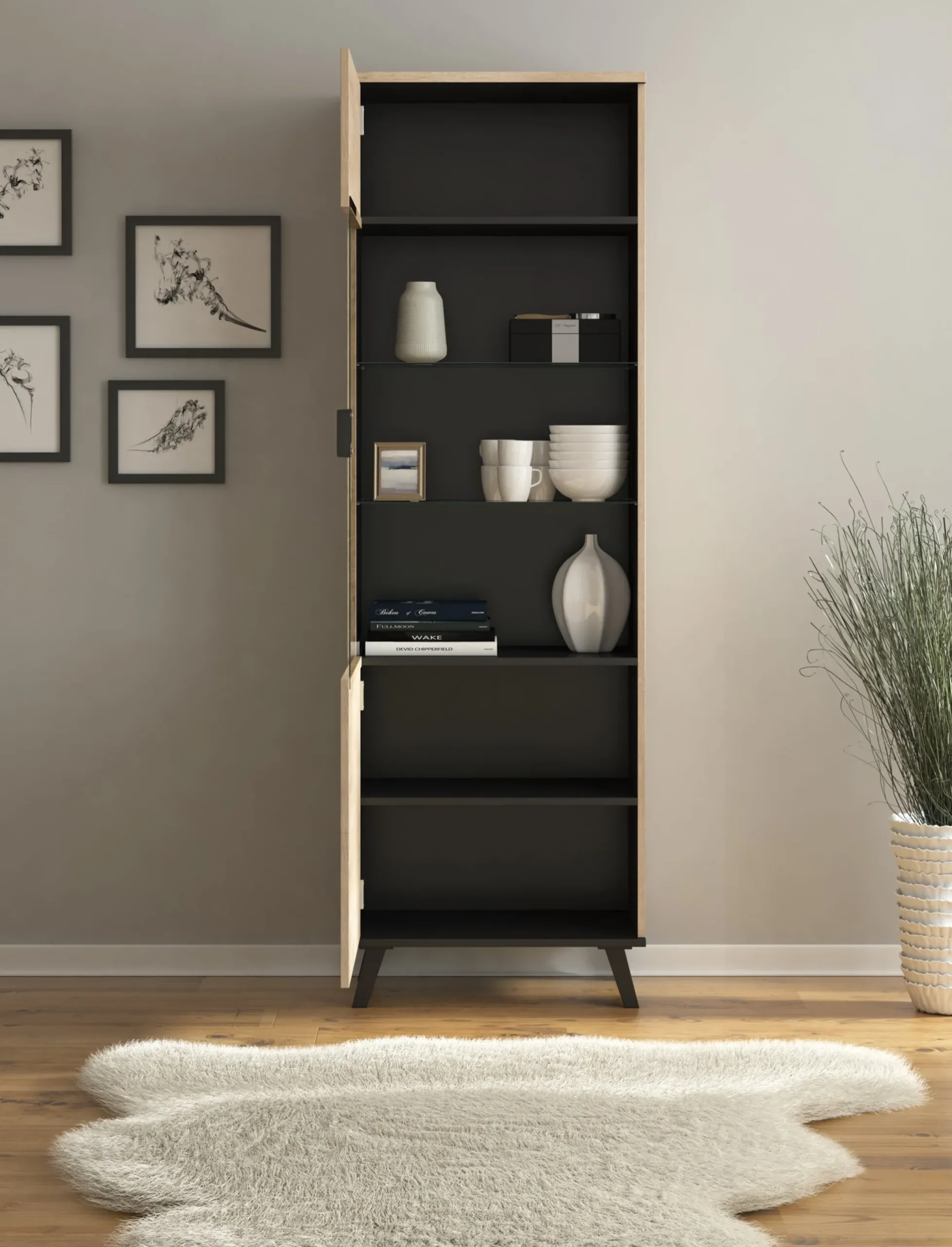 Jenny - Vitrinekast - Eiken/zwart - 61x40x191 cm