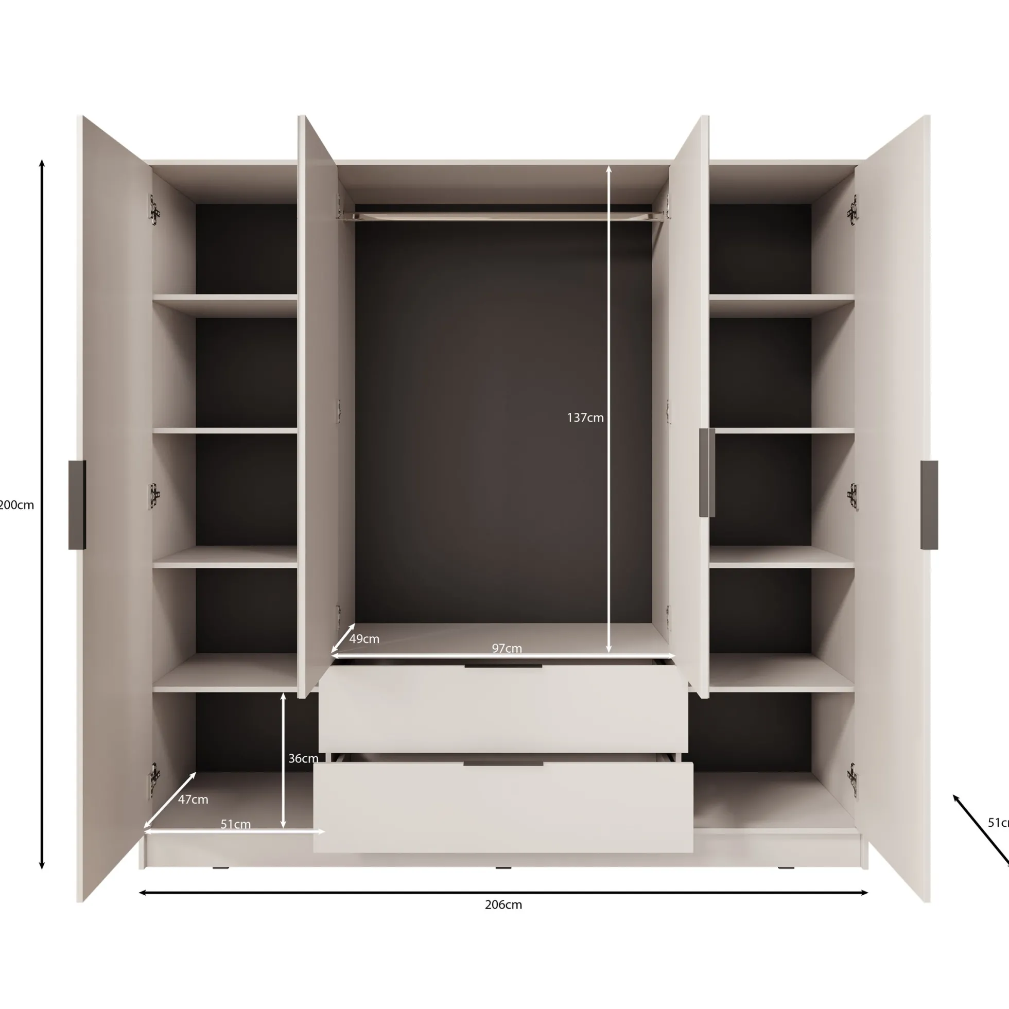 Kaelum - Kledingkast 4-deurs - Eiken - 206x51x200 cm