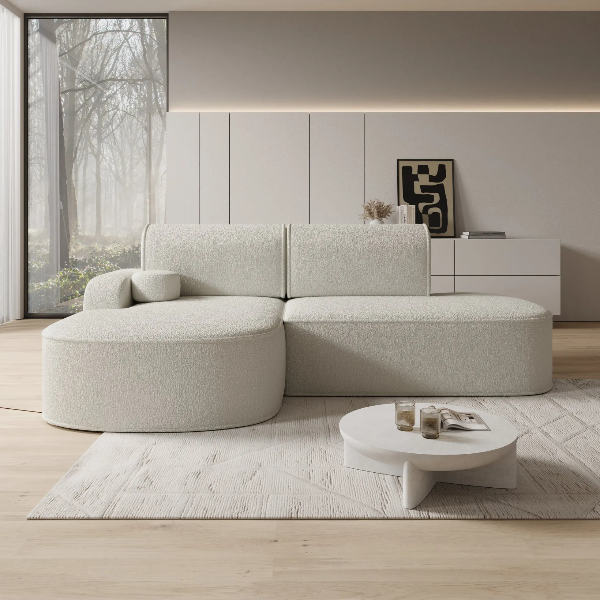 Kalero - Hoekbank 2-zits met chaise longue - Teddystof beige - Links