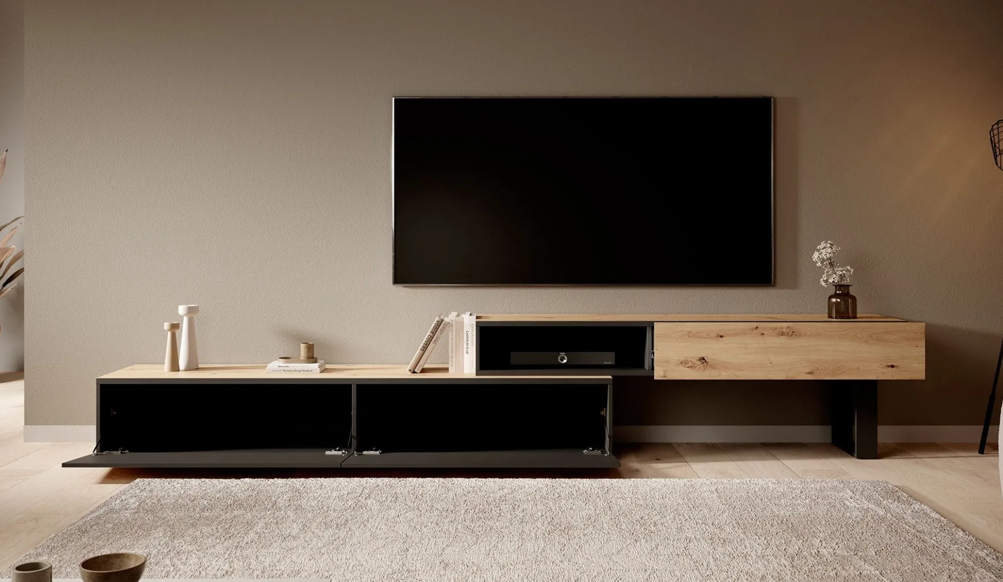Kandelo - TV-Meubel met 2 deuren - Eiken/zwart - 300 cm