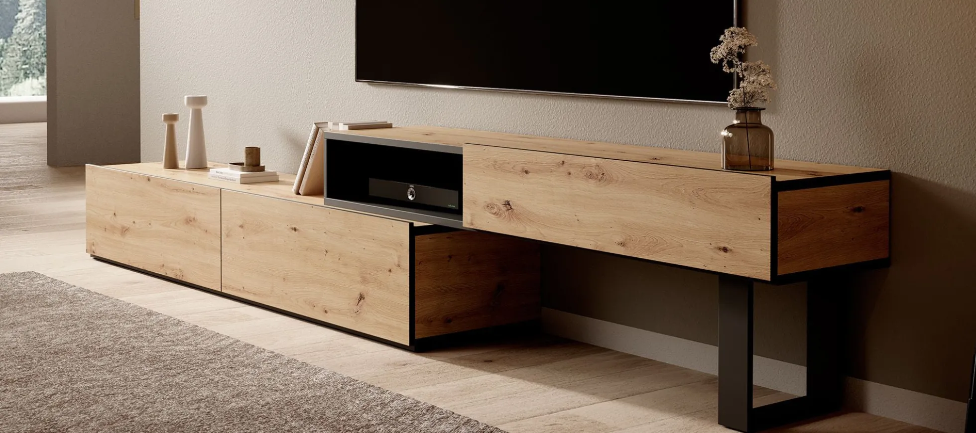 Kandelo - TV-Meubel met 2 deuren - Eiken/zwart - 300 cm