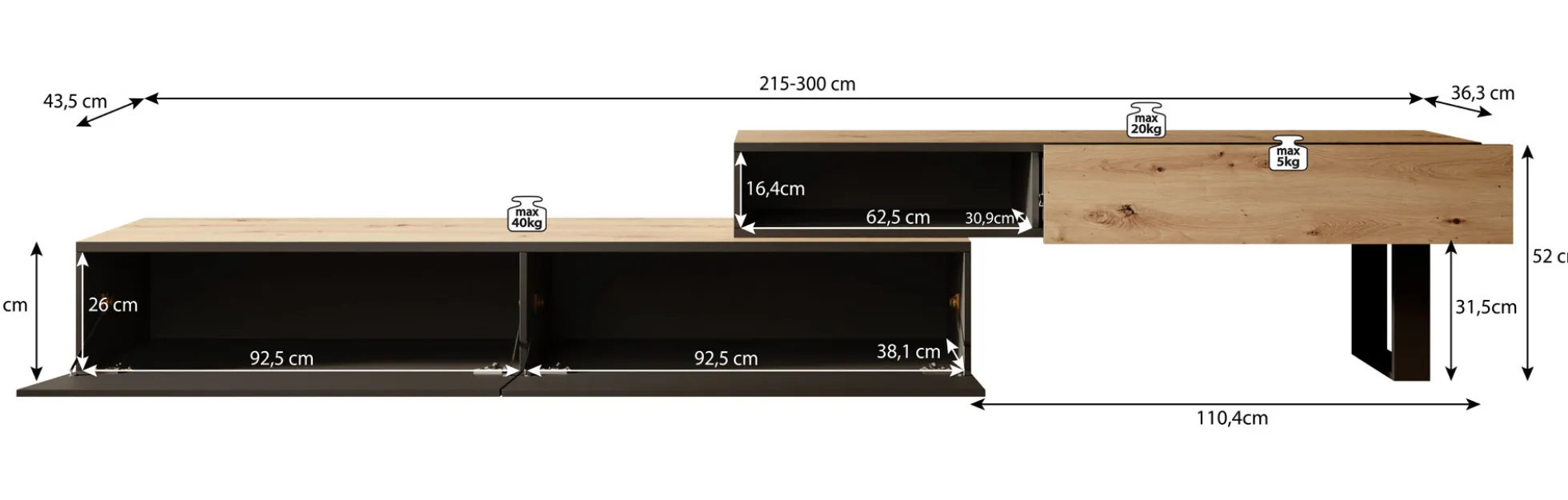 Kandelo - TV-Meubel met 2 deuren - Eiken/zwart - 300 cm