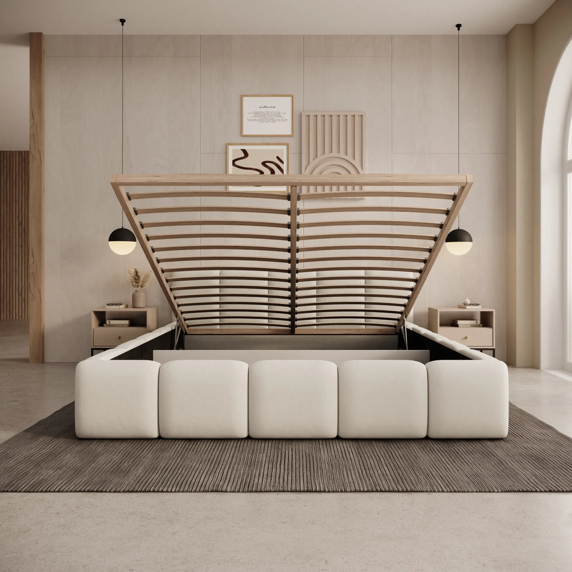 Karisma - Tweepersoonsbed met opbergruimte - Beige stof - 180x200 cm