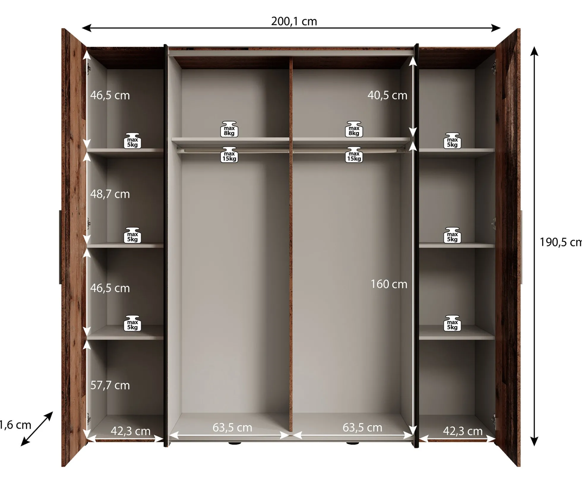 Kassel - Kledingkast met schuifdeuren - Old wood/grijs - 200x191x62 cm